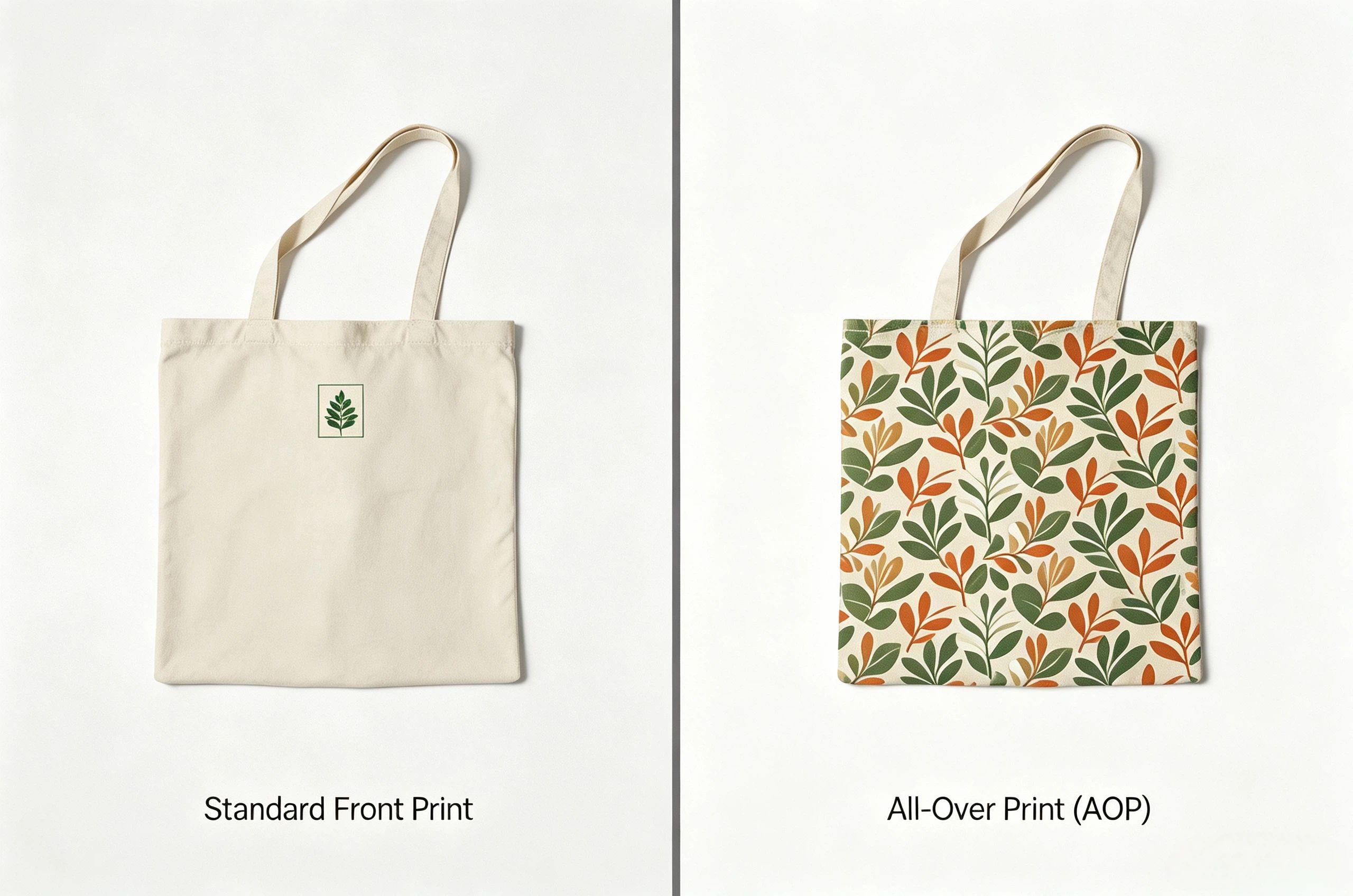 AOP tote bag vs standard print comparison full coverage vs front panel