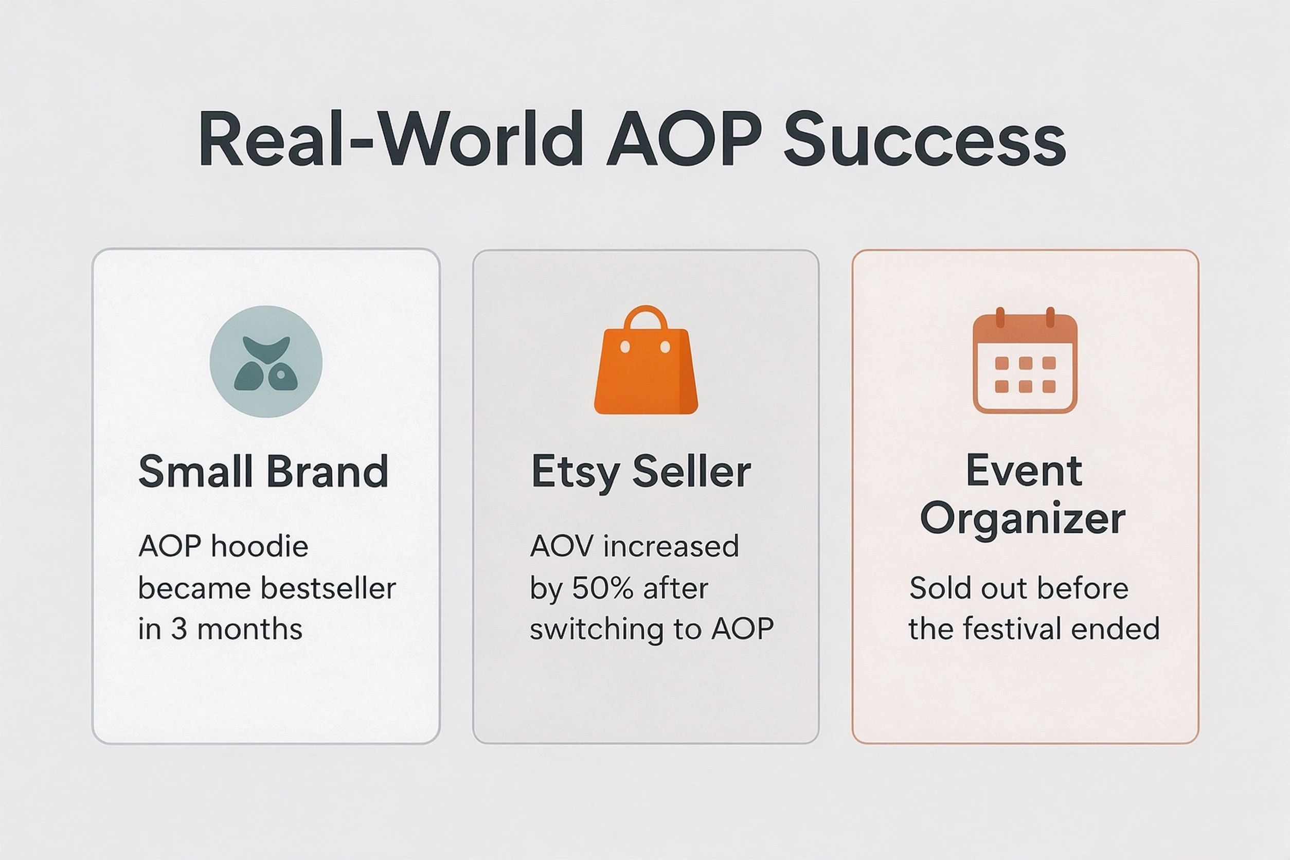 Real world AOP success cases showing brand recognition and Etsy seller growth
