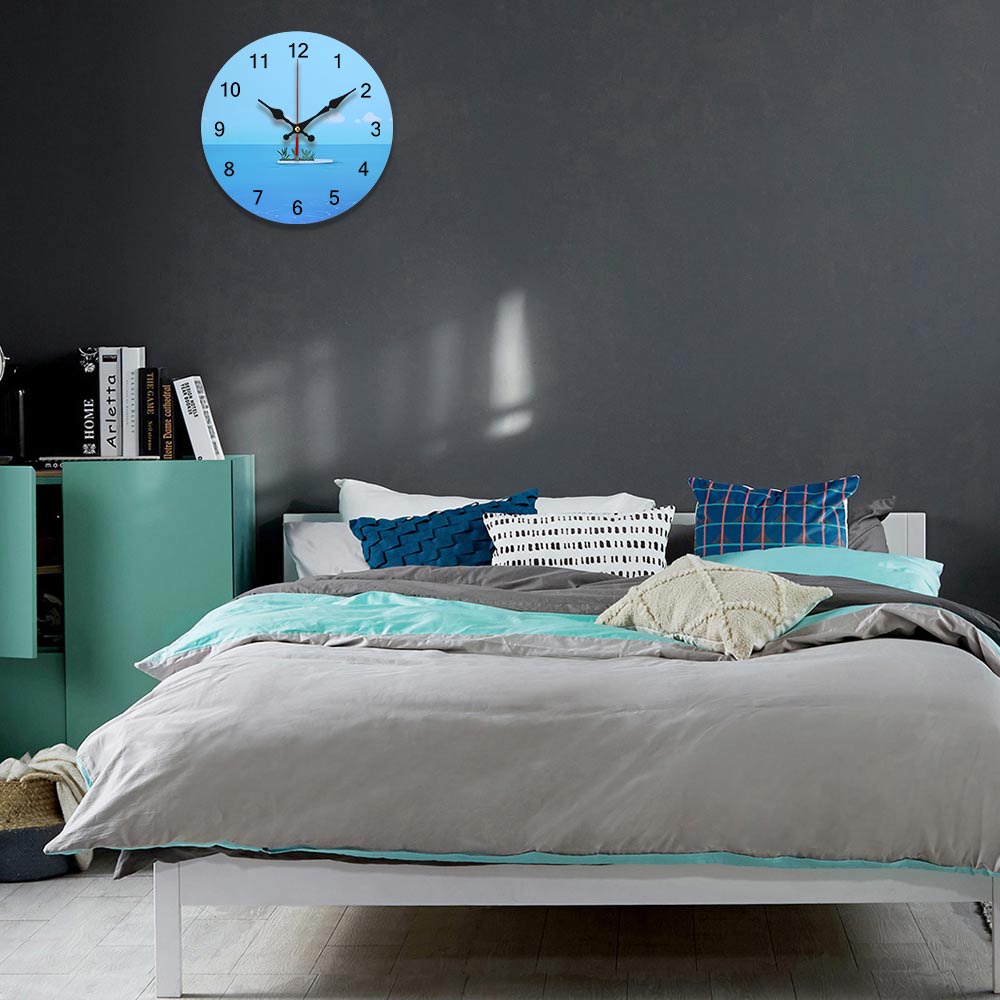 A custom clock hanging on the bedroom wall