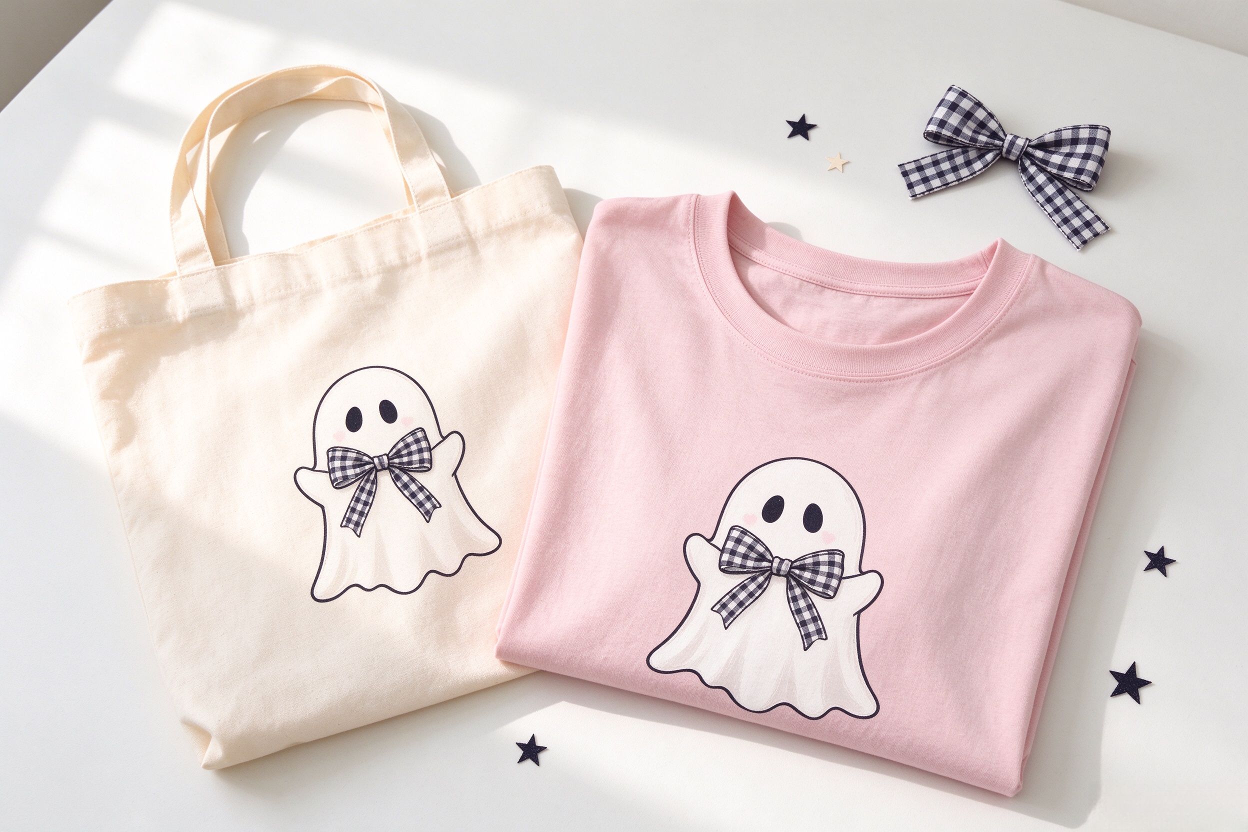 Coquette ghost shirt and pink Halloween tote flat lay with bow ghost design in soft pink and cream