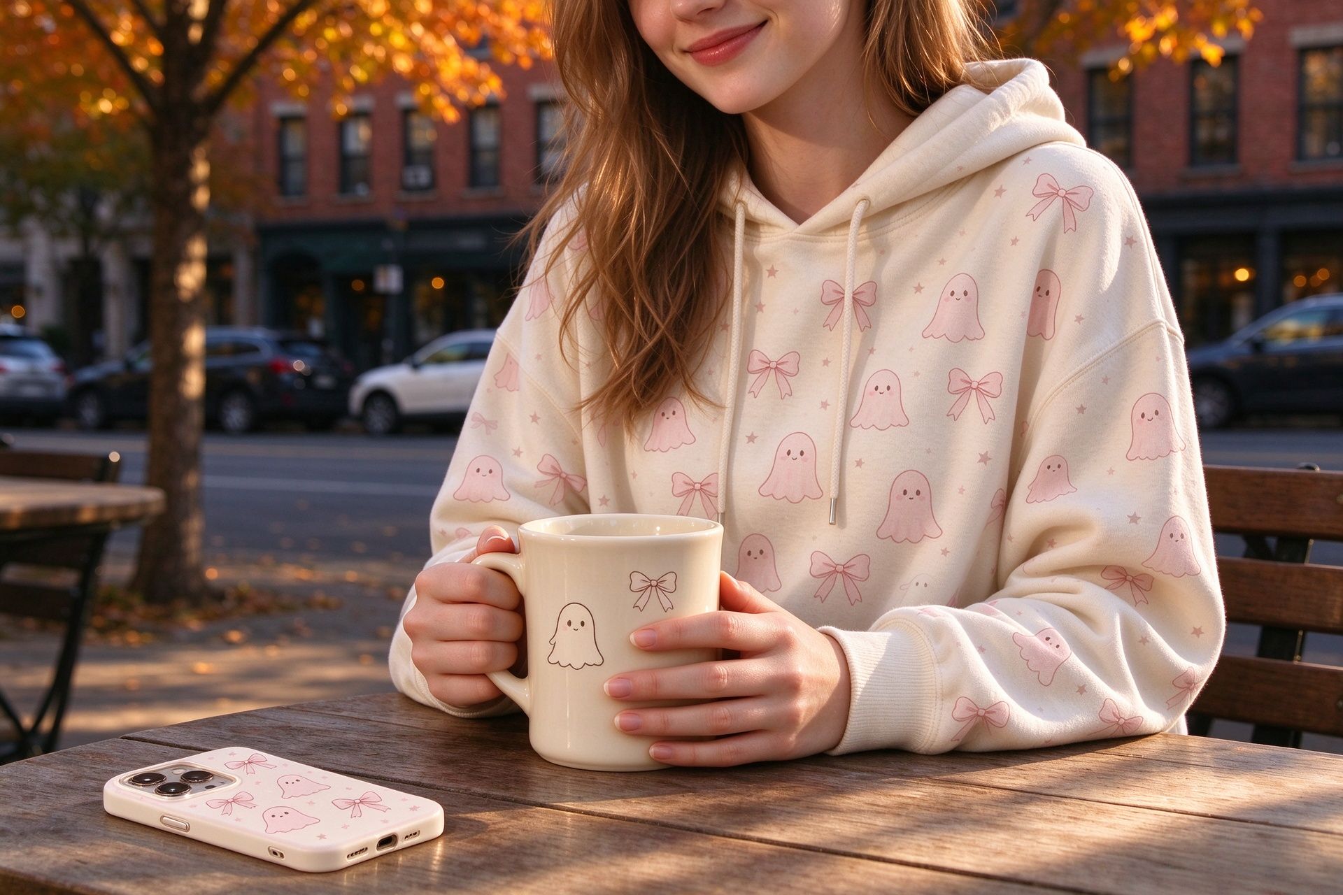 Coquette ghost hoodie and mug at a US street café