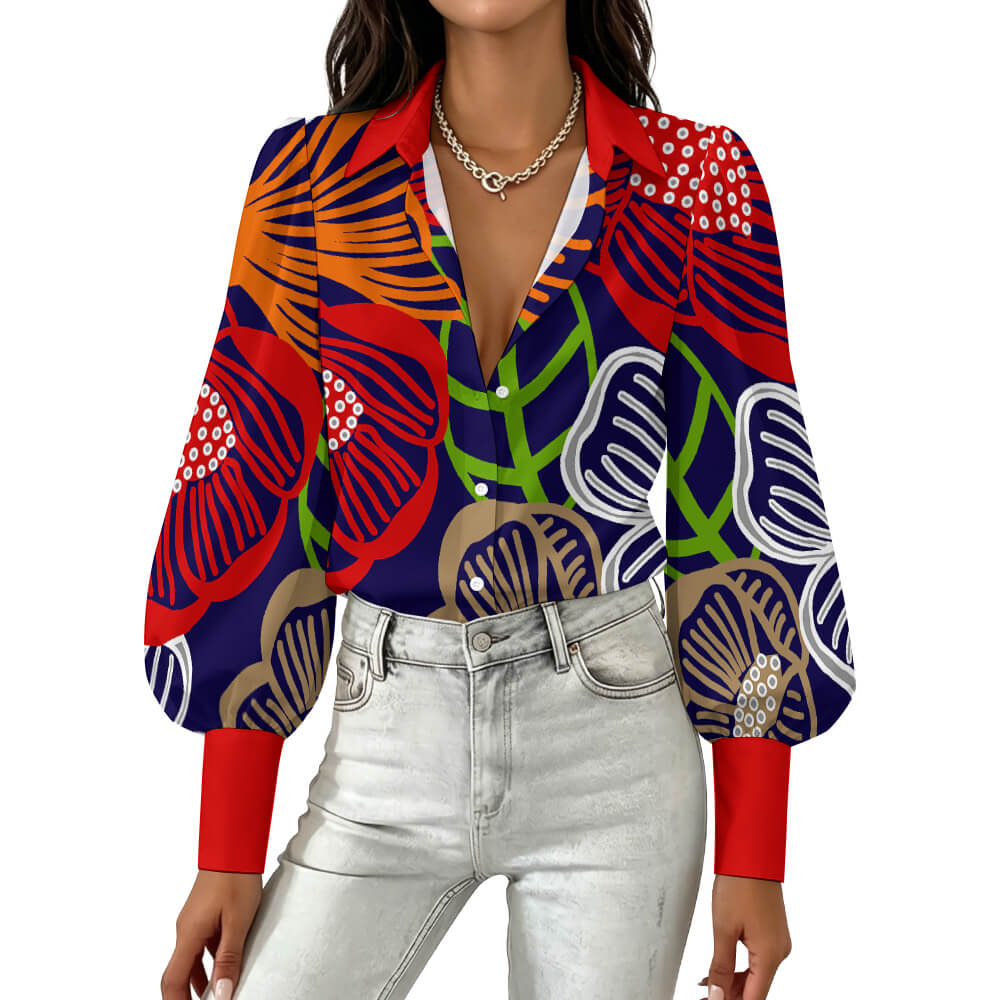 Women's Satin Lantern Sleeve Long Sleeve Blouse(All-Over Printing)