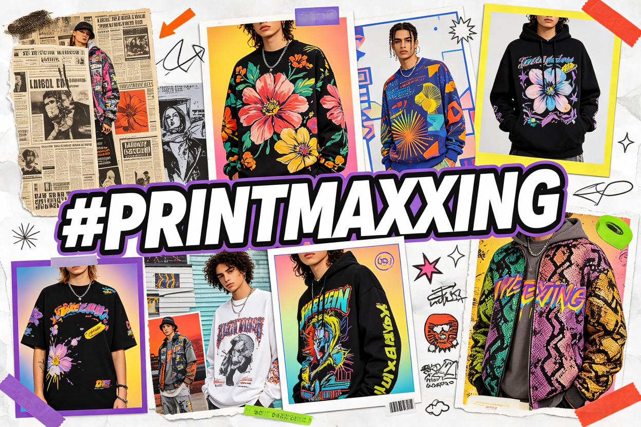 Printmaxxing trend with bold all-over print outfits