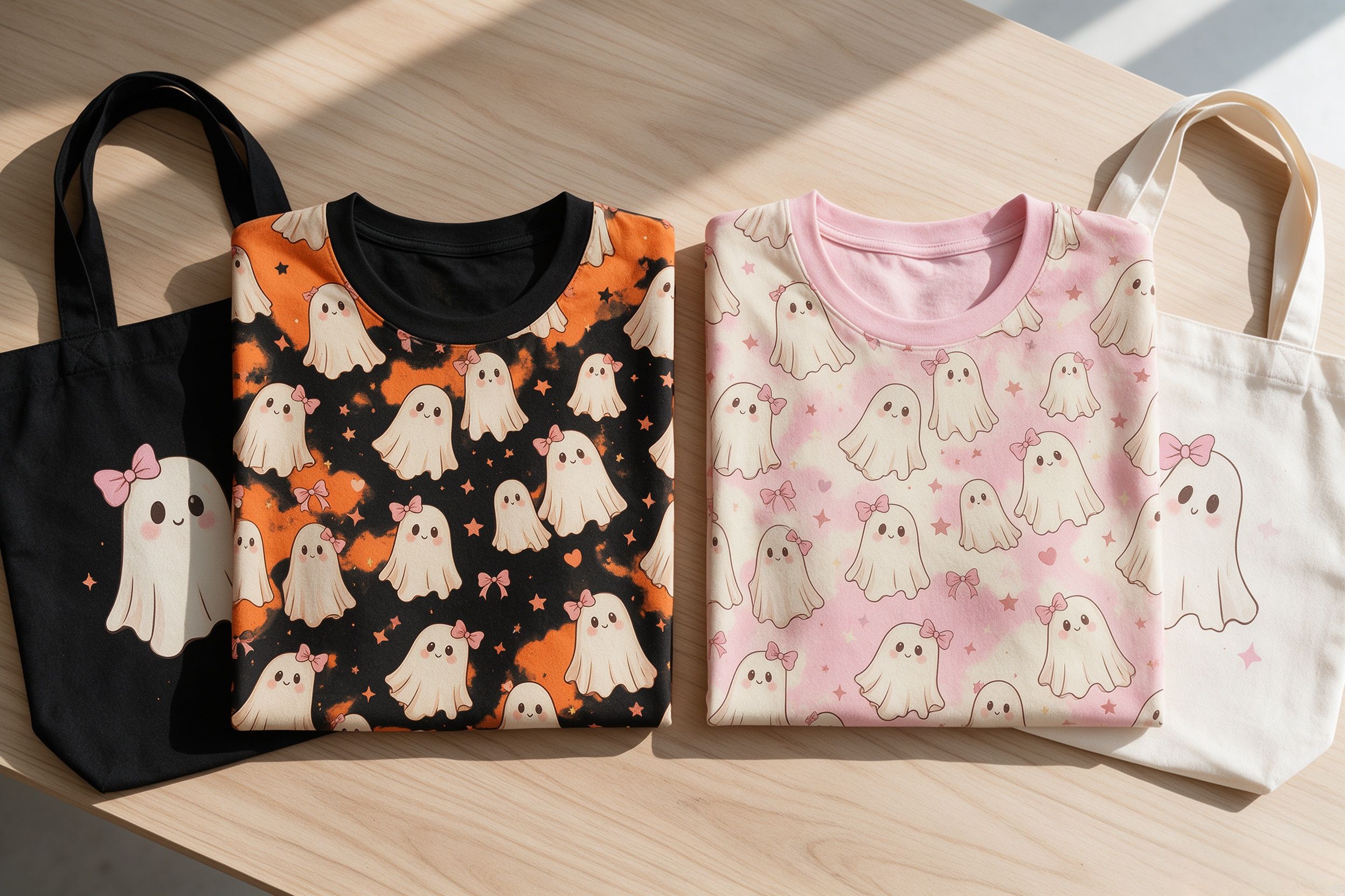 PeaPrint AOP tee and tote sample comparison in orange-black and pink-cream coquette ghost colorways