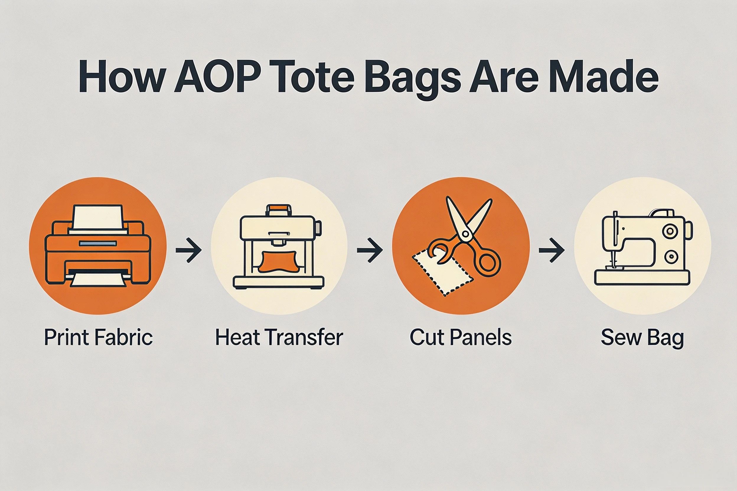 AOP tote bag cut and sew production process infographic