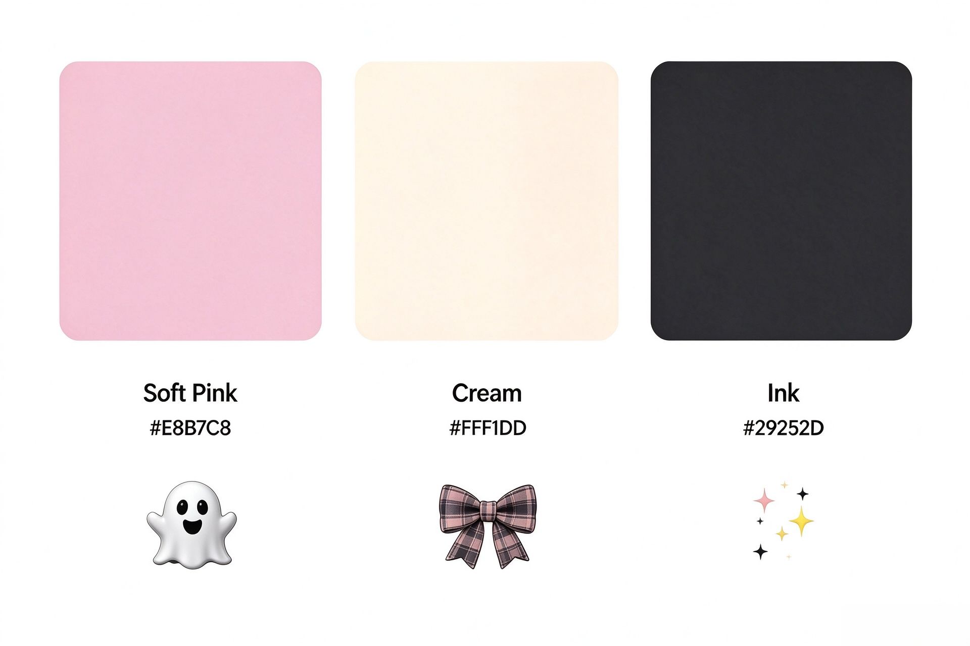 Coquette ghost color palette swatches soft pink cream and ink with bow ghost design elements