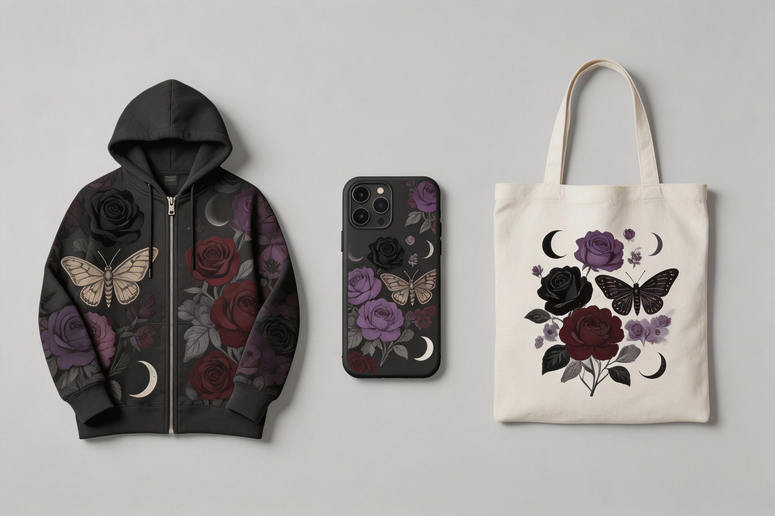 Gothic Florals Etsy POD trend 2026 dark floral hoodie phone case tote bag