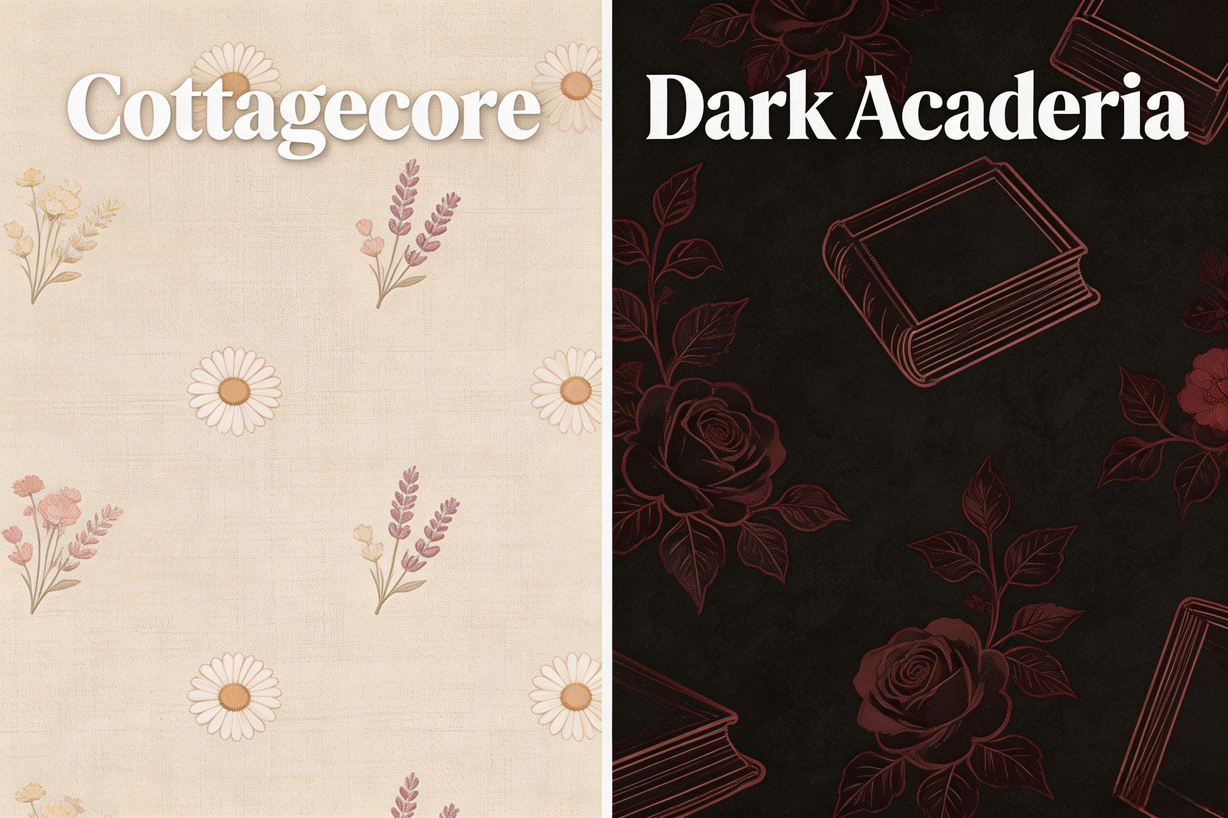 Cottagecore vs Dark Academia design aesthetic comparison for gothic floral trend