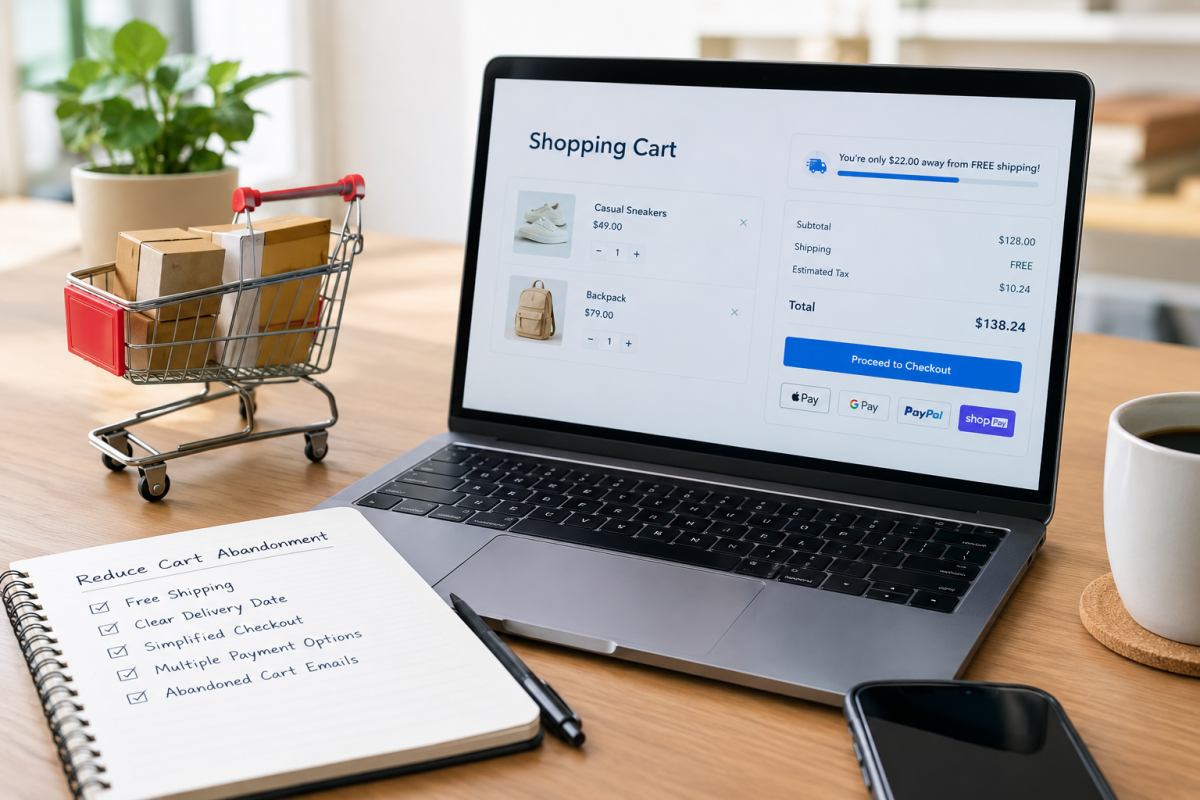 A shopping cart checkout scene on a modern office desk