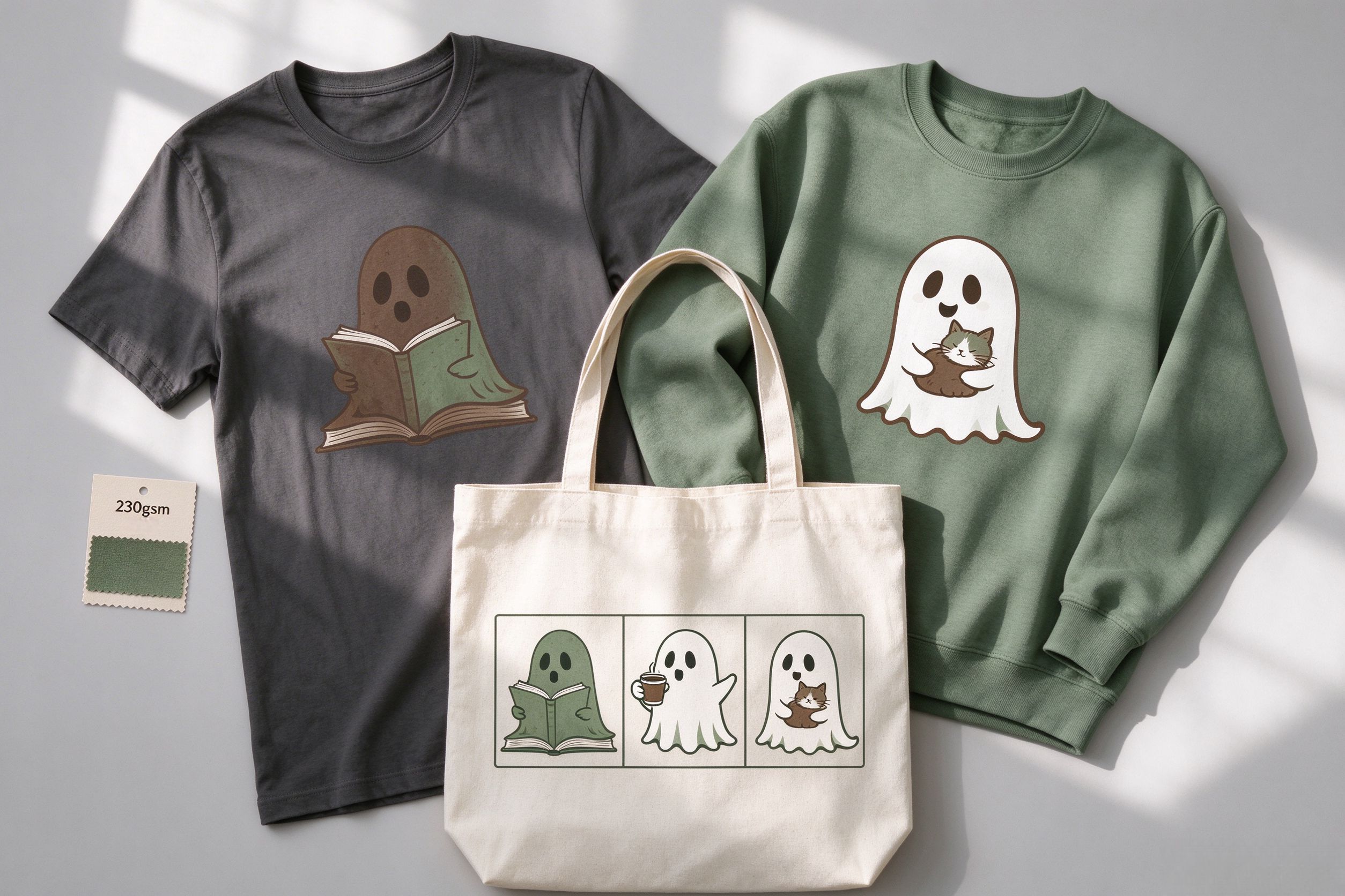 PeaPrint bookish ghost product line - tee, sweatshirt, and reading tote with ghost designs