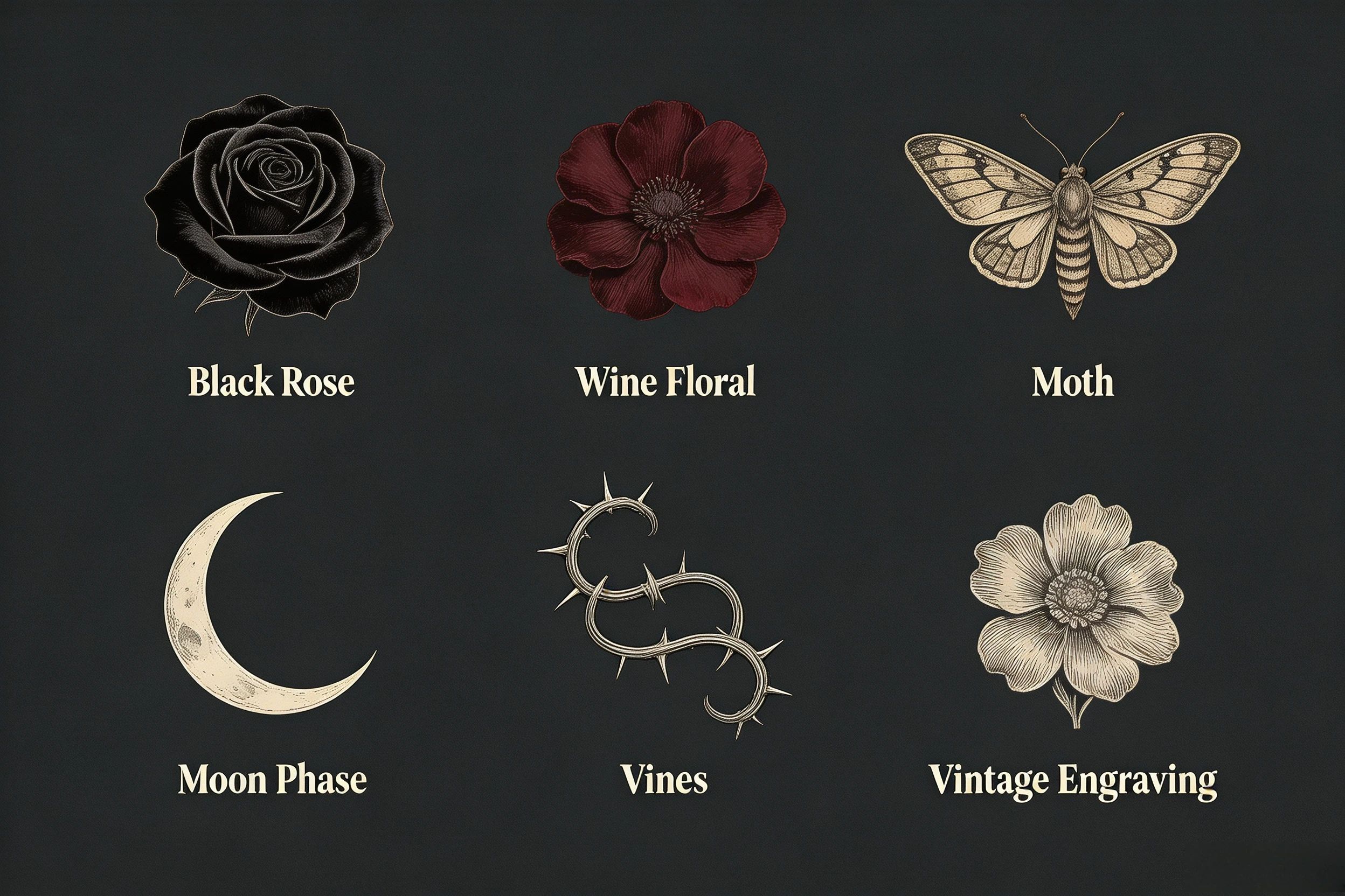 Gothic floral design elements collection including black roses, moths, moon phases, and vintage engravings