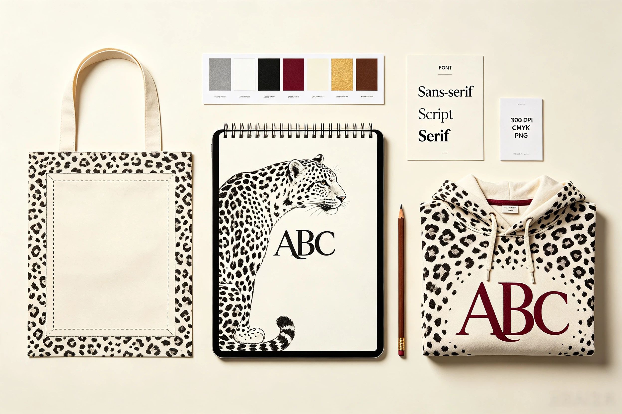 Personalized snow leopard monogram design process with font and color swatches