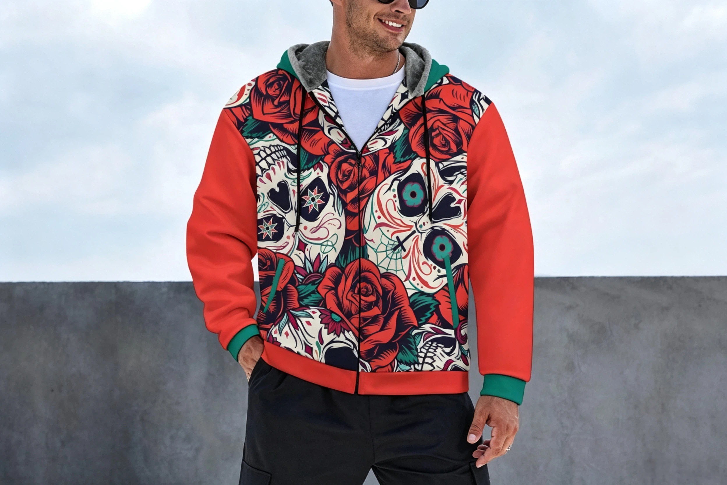 all-over print hoodie with edge-to-edge bold pattern