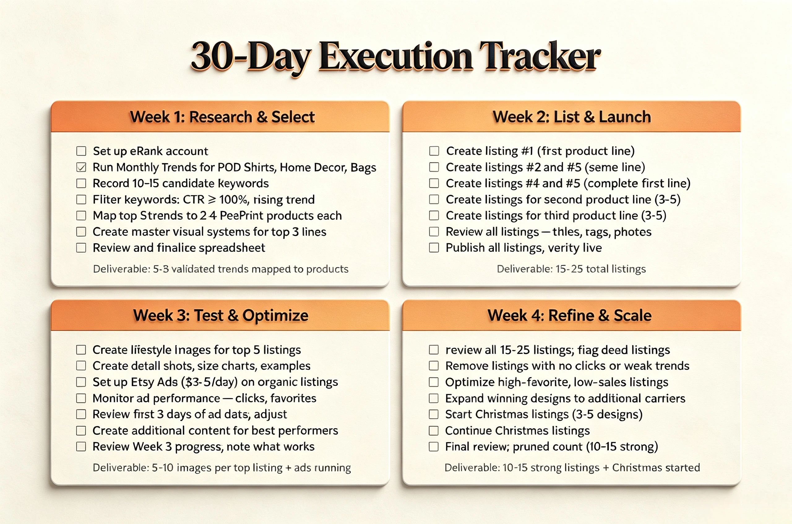 Etsy POD 30 day execution tracker checklist printable week by week
