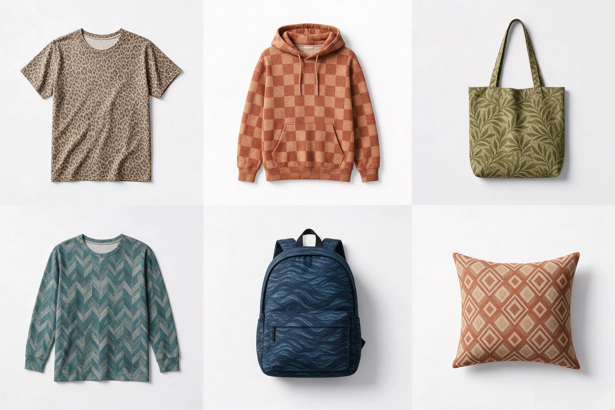 All over print product grid featuring an all over print t shirt, hoodie, tote bag, backpack, long-sleeve shirt, and pillow on a clean white background