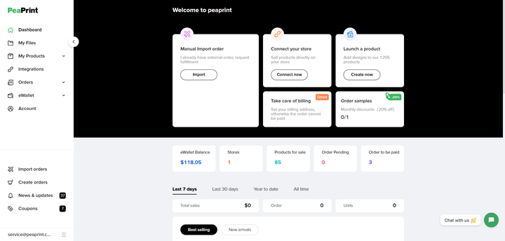 PeaPrint seller dashboard showing eWallet balance stores products and orders interface