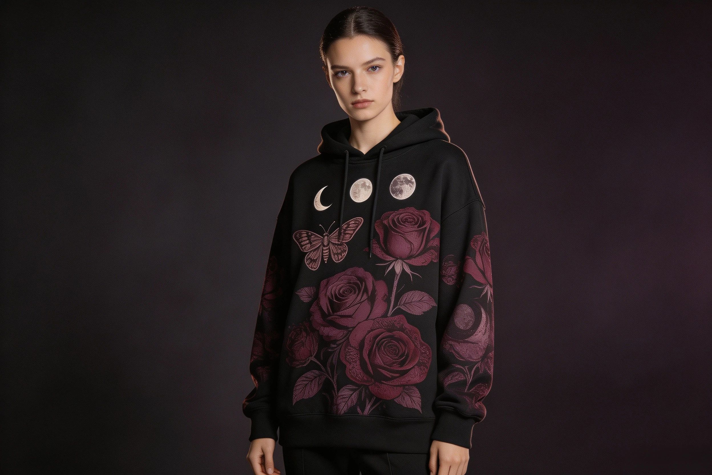 Model in gothic floral all-over print hoodie with dark roses and vintage moth pattern