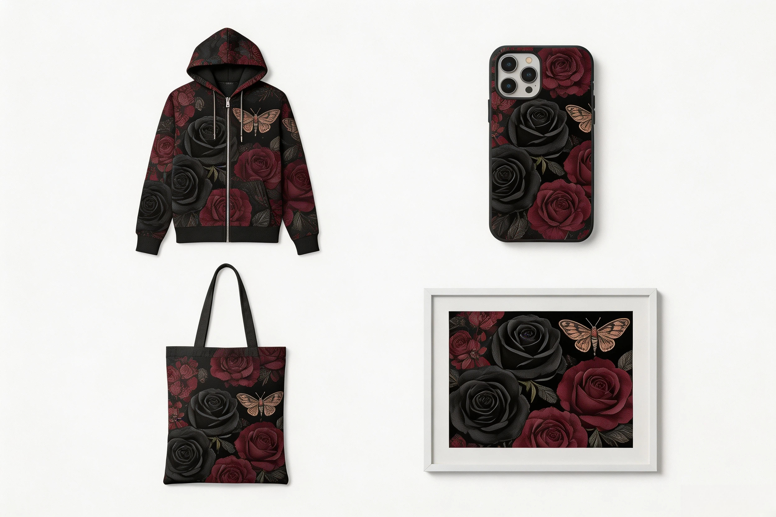 Four product mockups showing gothic floral design on hoodie, phone case, tote bag, and poster