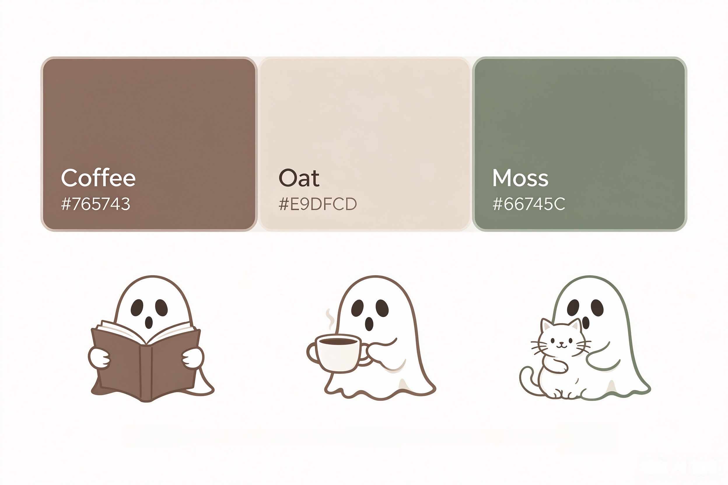 Bookish ghost color palette - coffee brown, oat, moss green with ghost reading icons