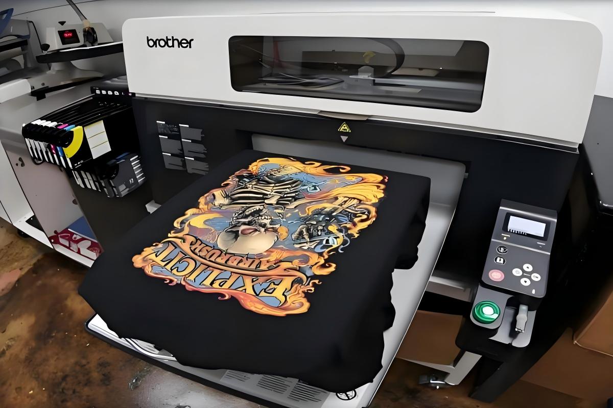 DTG printer spraying ink directly onto cotton t-shirt surface