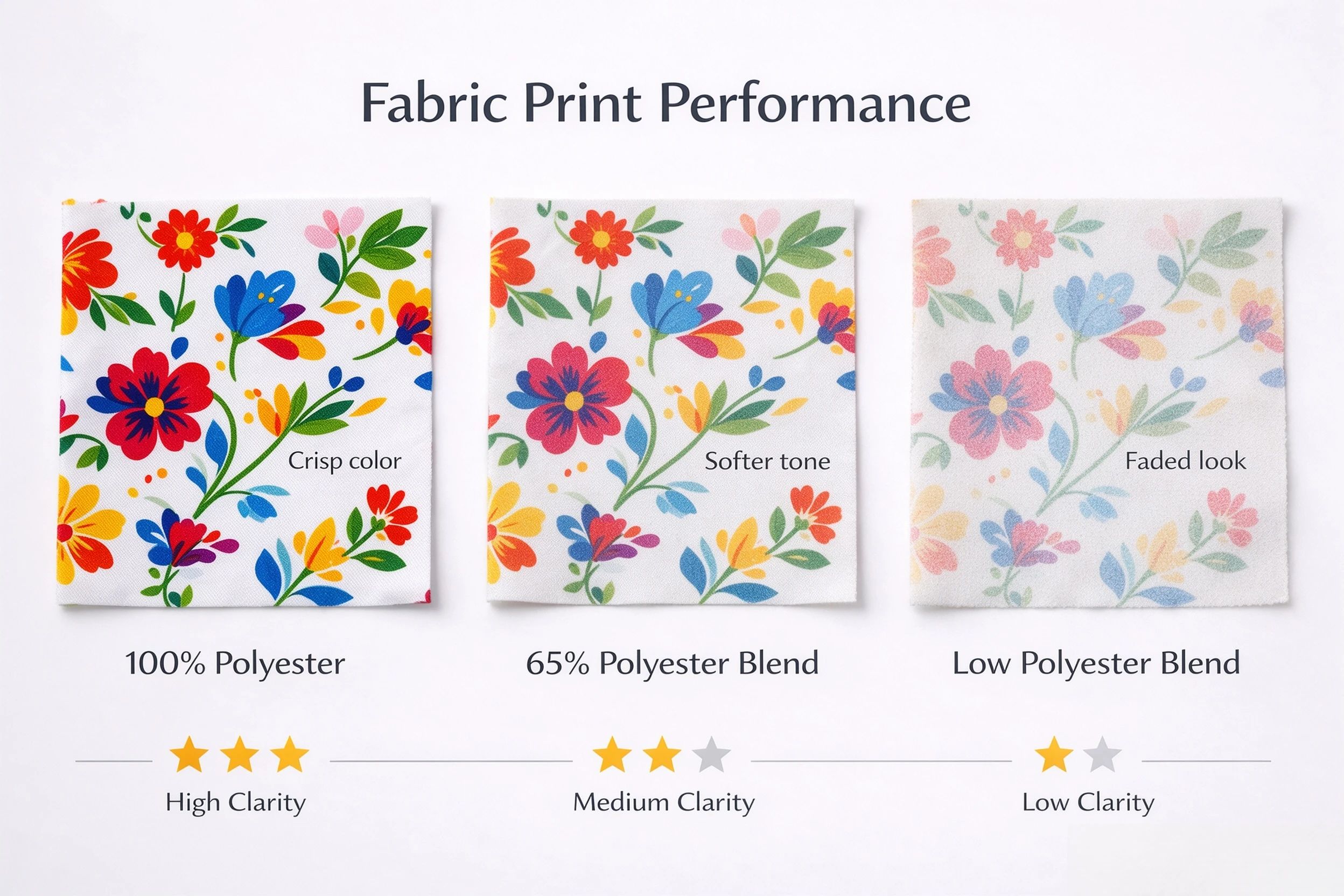 AOP fabric polyester blend ratio comparison - 100% polyester vs 65% blend vs low polyester