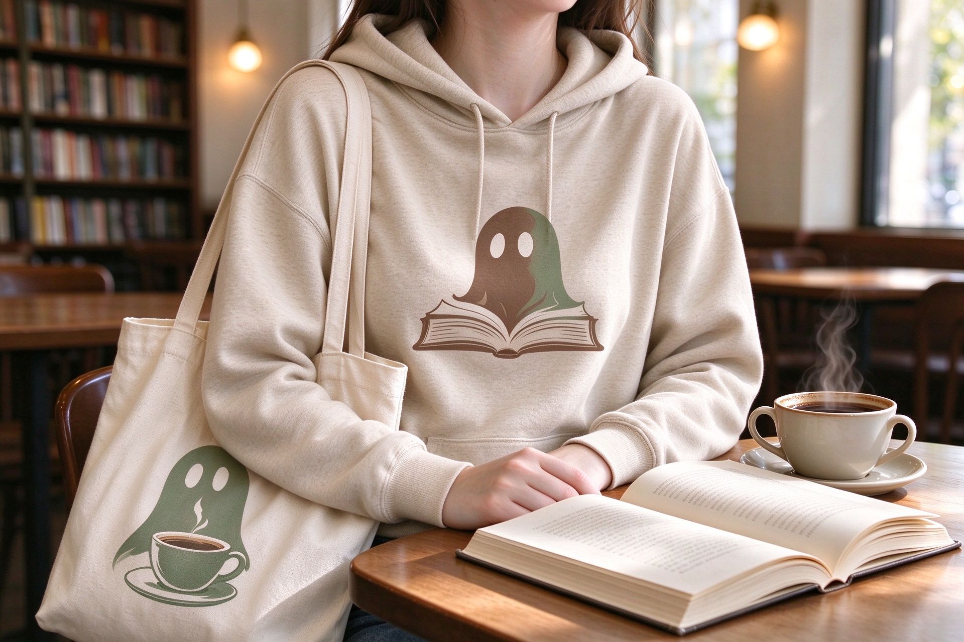 Cozy cafe scene - reader wearing a bookish ghost sweatshirt and carrying a tote bag with a different reading ghost design, enjoying coffee and a book