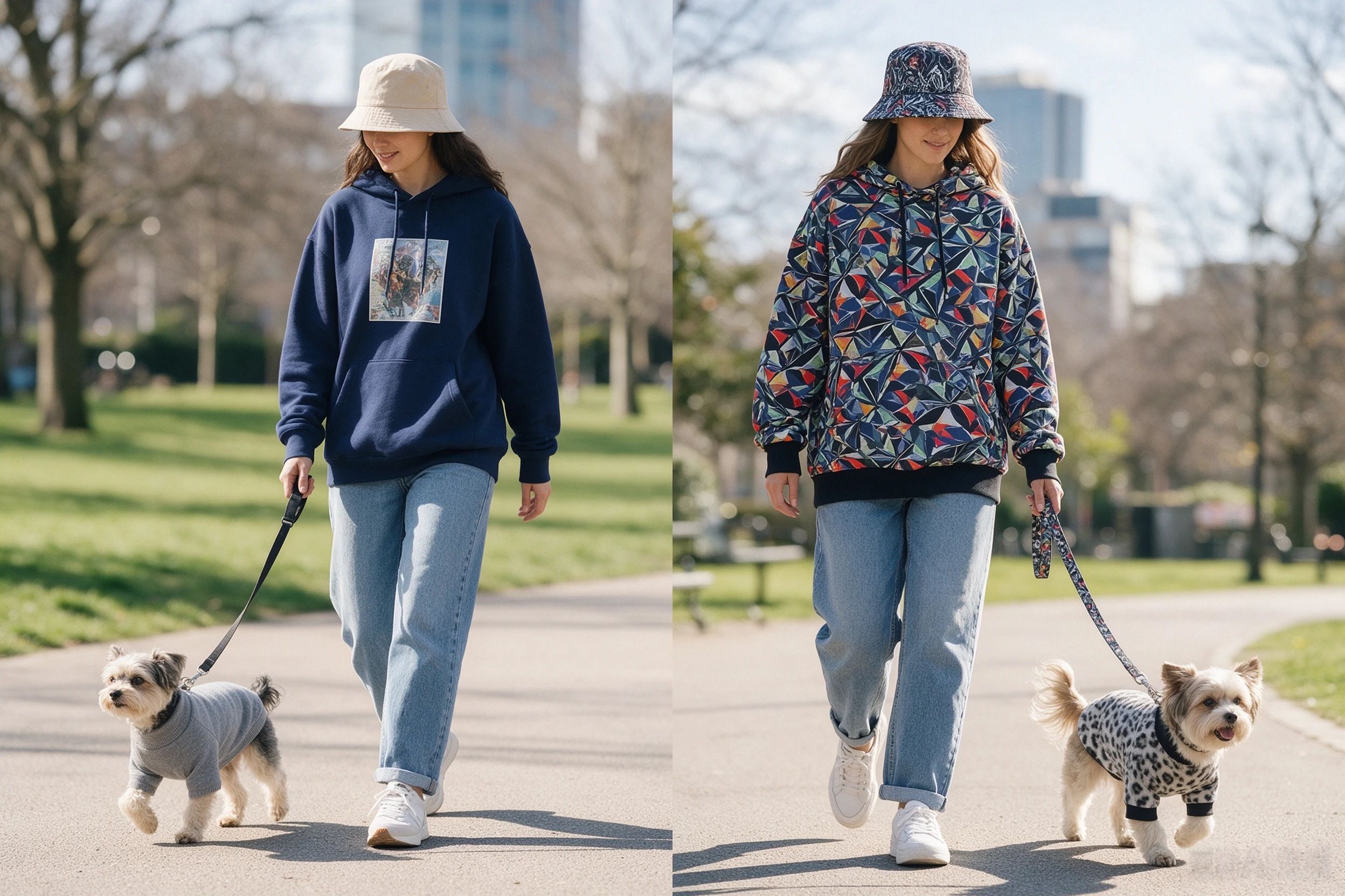 Custom all over print clothing vs standard printed hoodie side by side in a city park with dogs