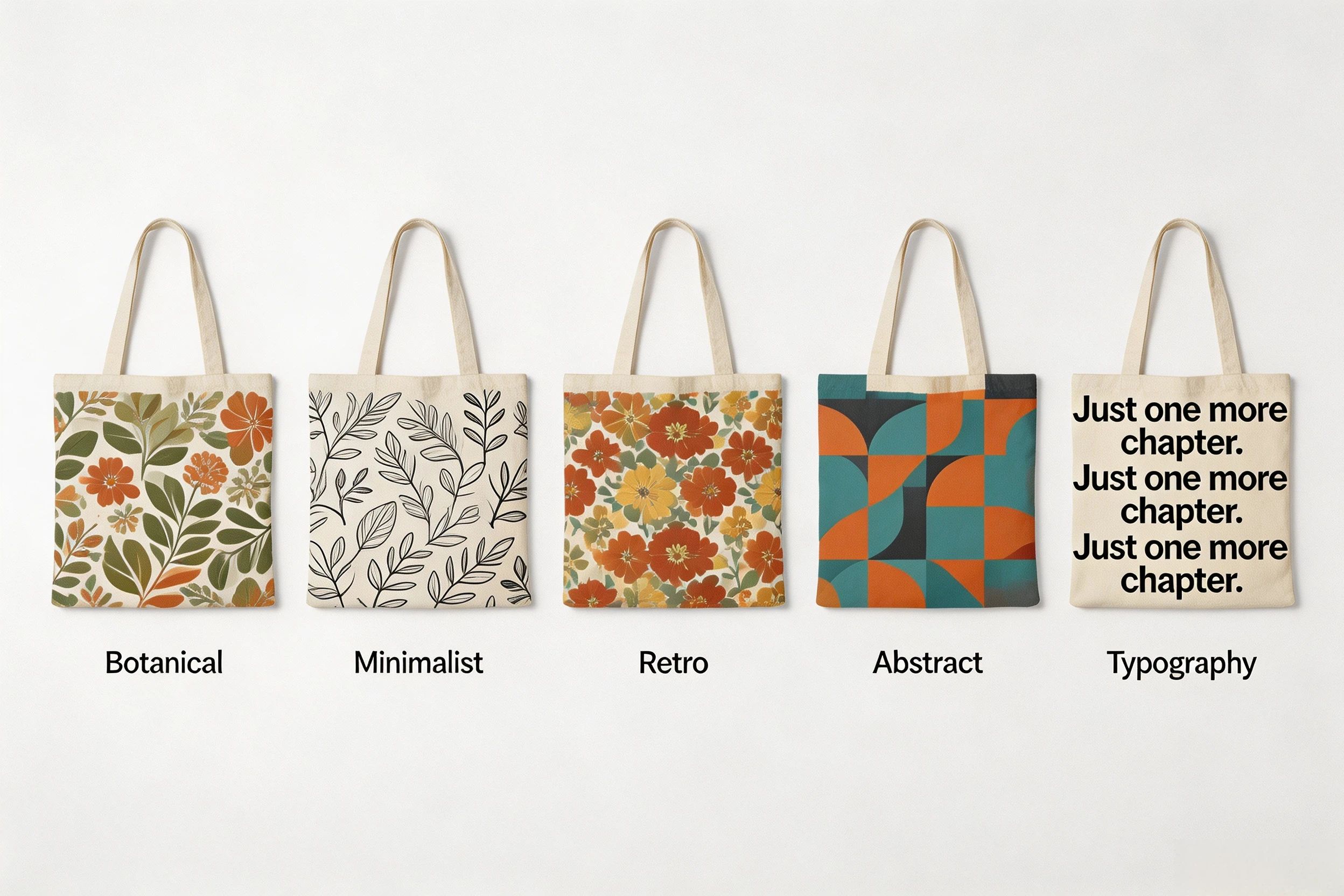 AOP tote bag design styles botanical minimalist retro abstract typography