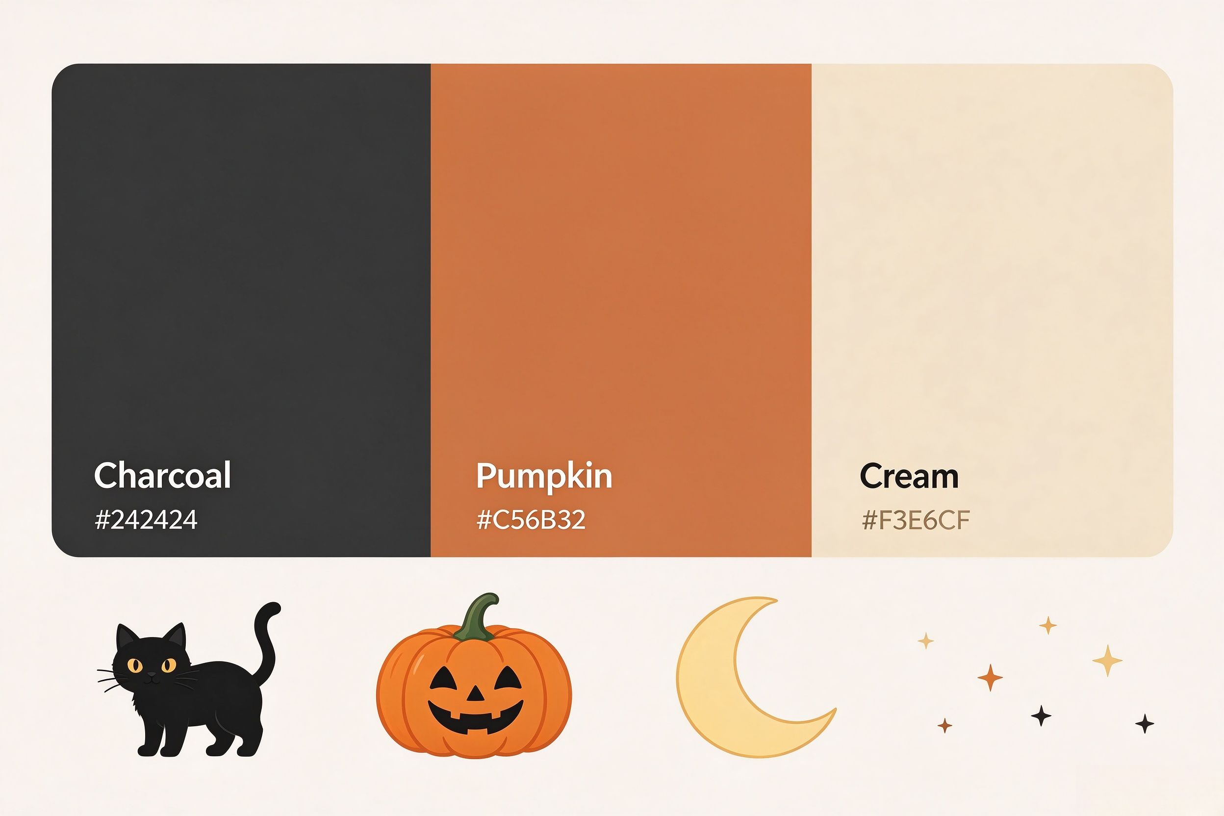 Retro Halloween design elements - charcoal, pumpkin, cream color palette with black cat and pumpkin icons