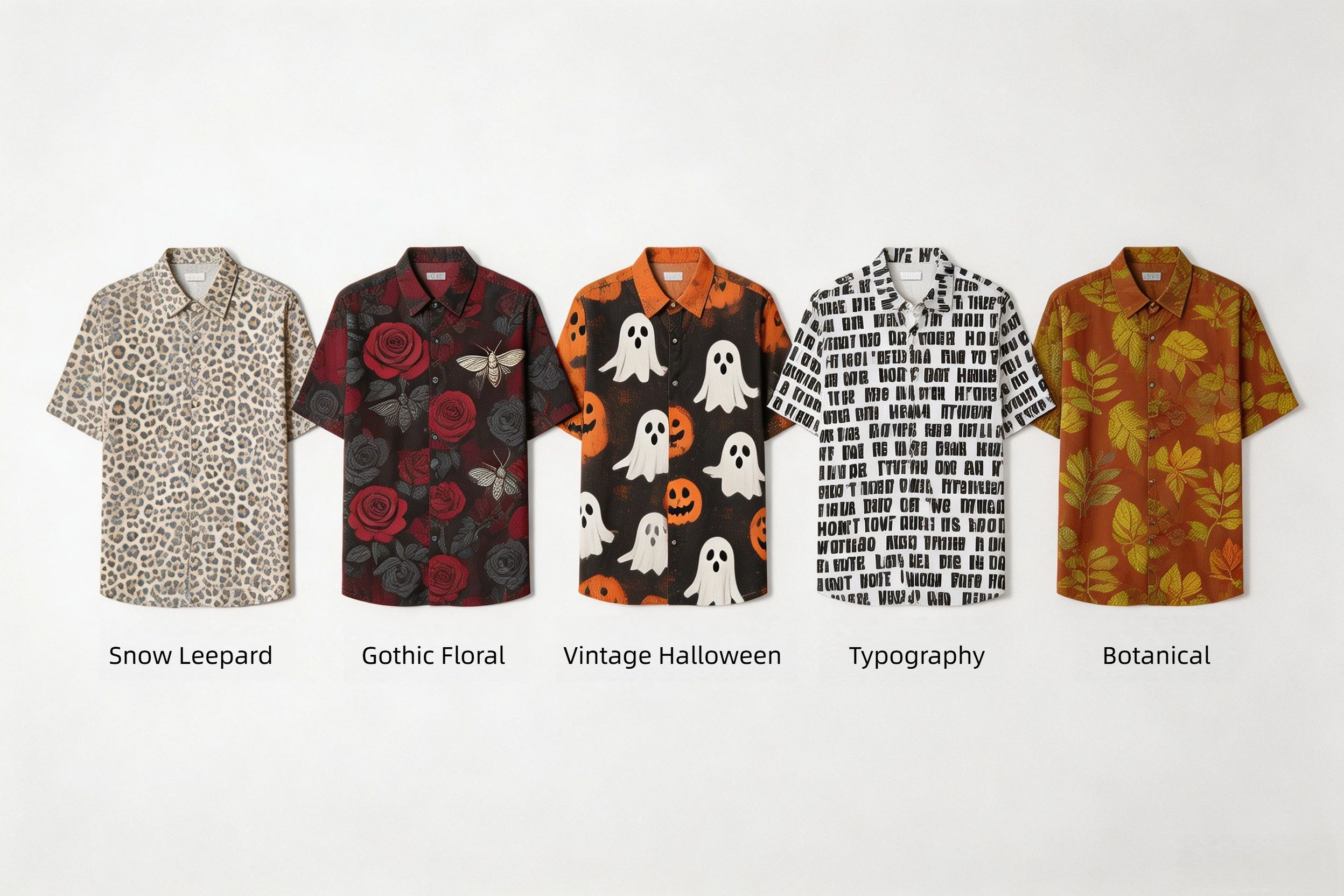AOP fall shirt trend designs all over print snow leopard gothic floral vintage Halloween typography botanical