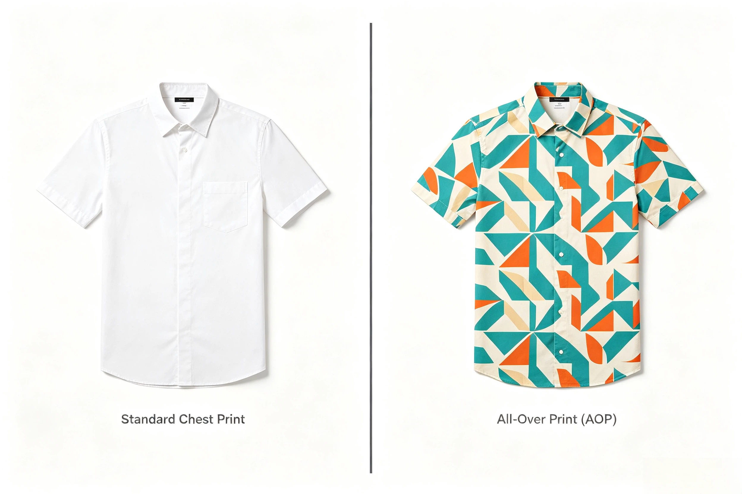AOP shirt vs standard print comparison full coverage vs chest print 