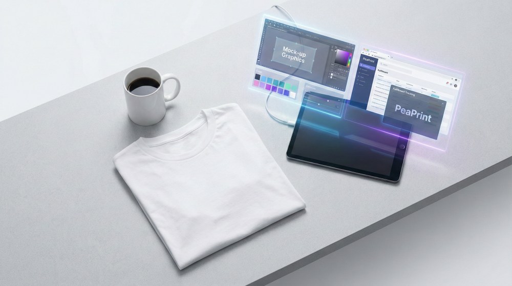 Top-down view of a print-on-demand workspace with PeaPrint holographic UI, featuring a blank t-shirt and mug.