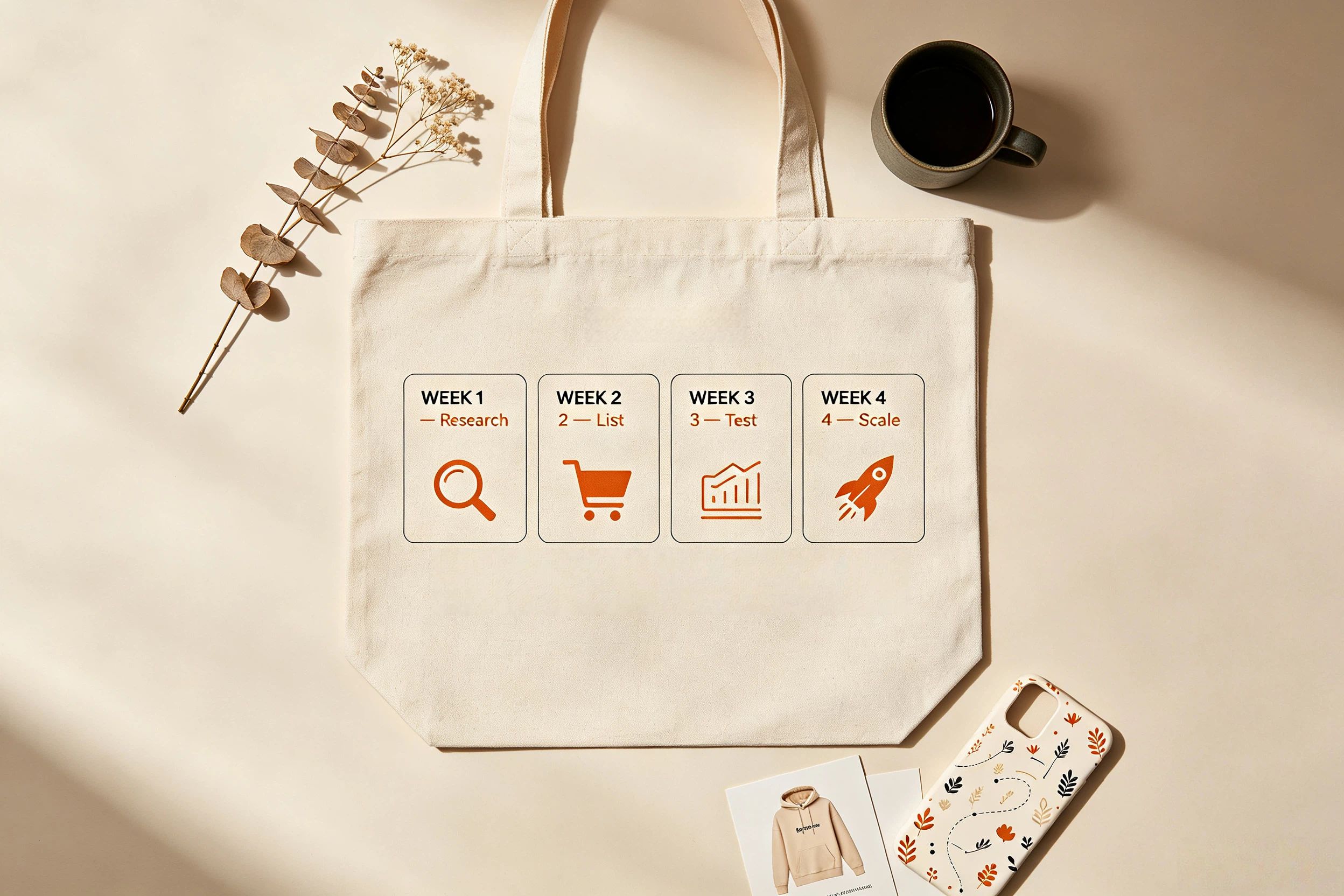 30 day Etsy POD launch roadmap printed on tote bag lifestyle product photography