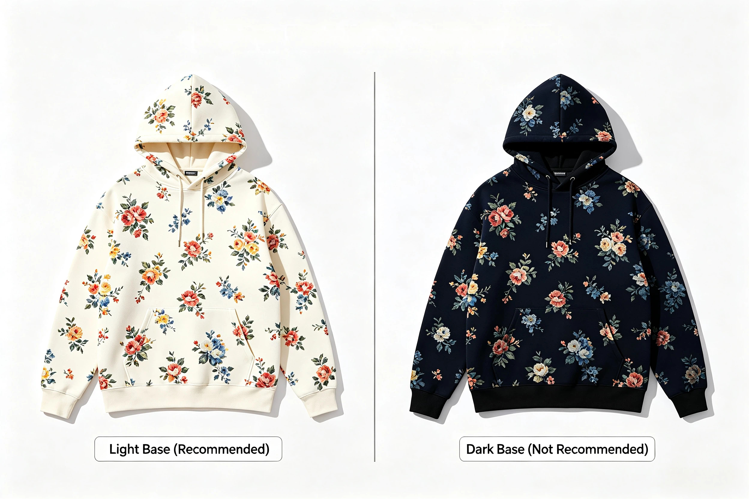 Light vs dark hoodie base color comparison for all-over print