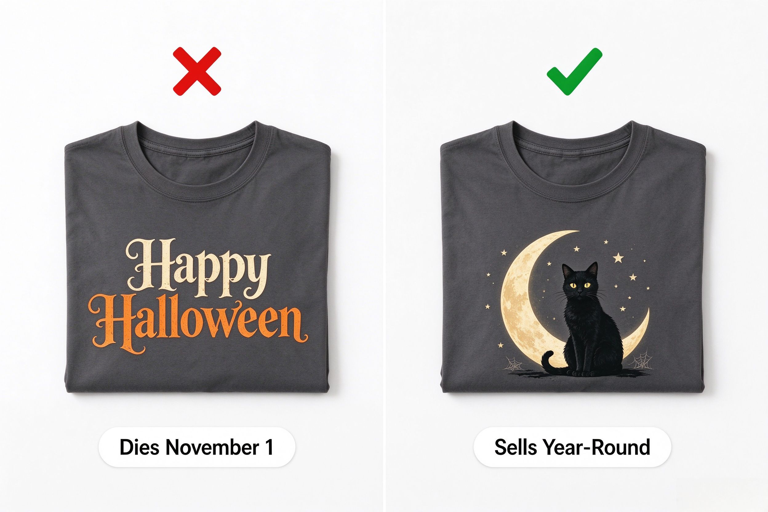 Retro Halloween shirt with date vs without date - lifecycle comparison