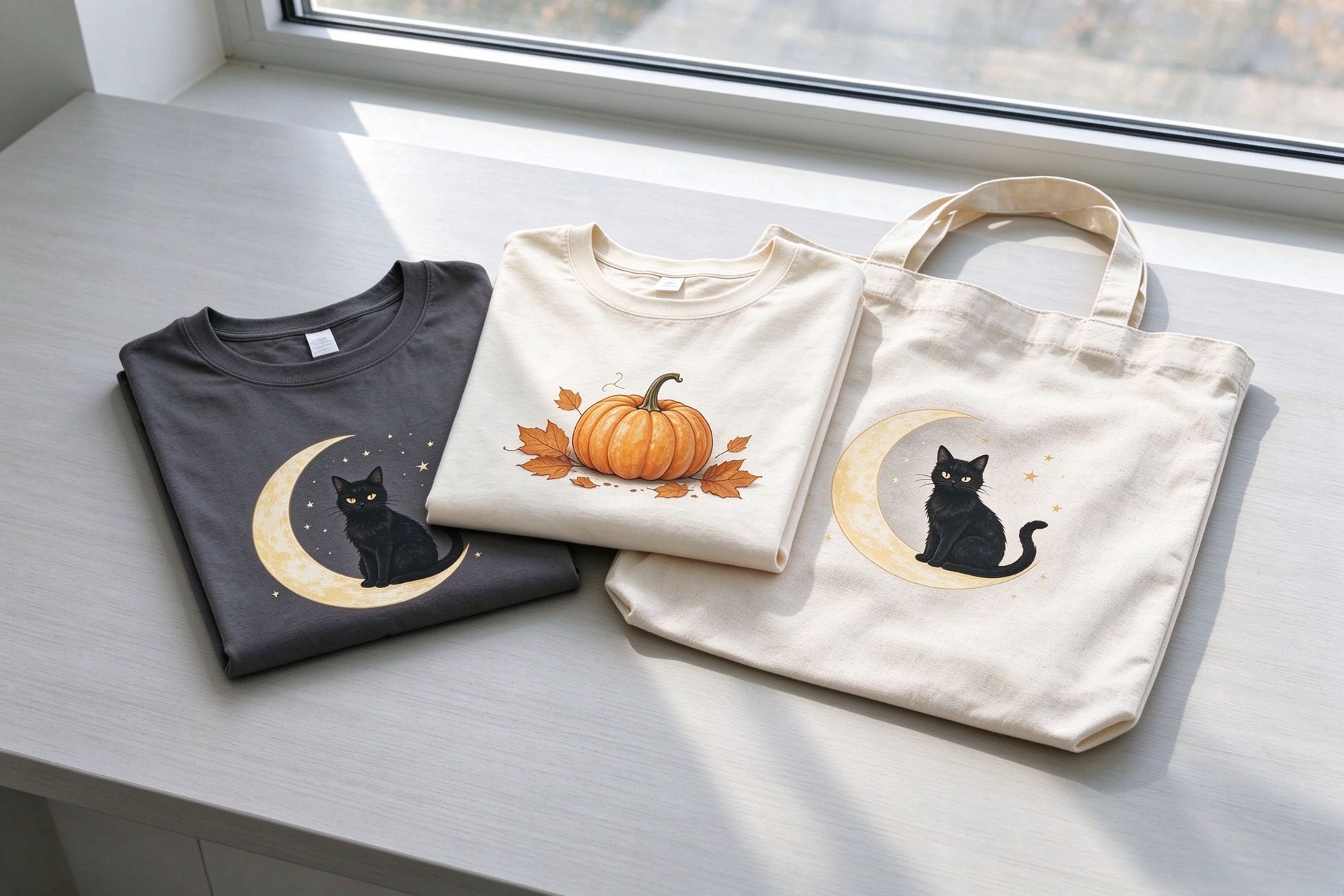 PeaPrint retro Halloween product line - tee and dual-sided tote with vintage black cat design