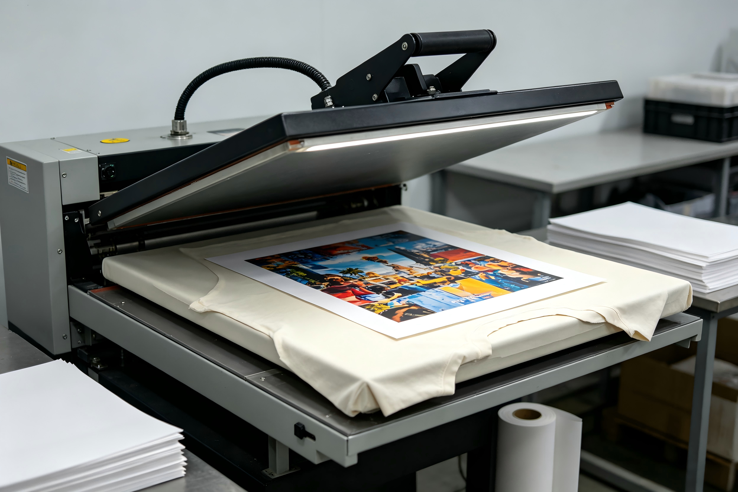 Heat press transferring dye sublimation ink from paper to polyester fabric