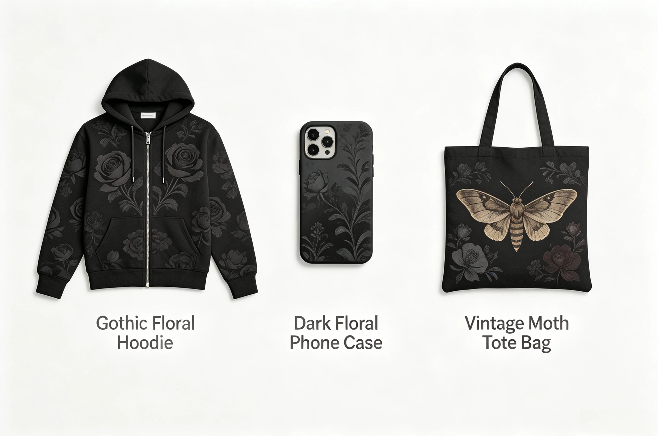 Etsy-style product listing mockup for gothic floral hoodie, phone case, and tote bag