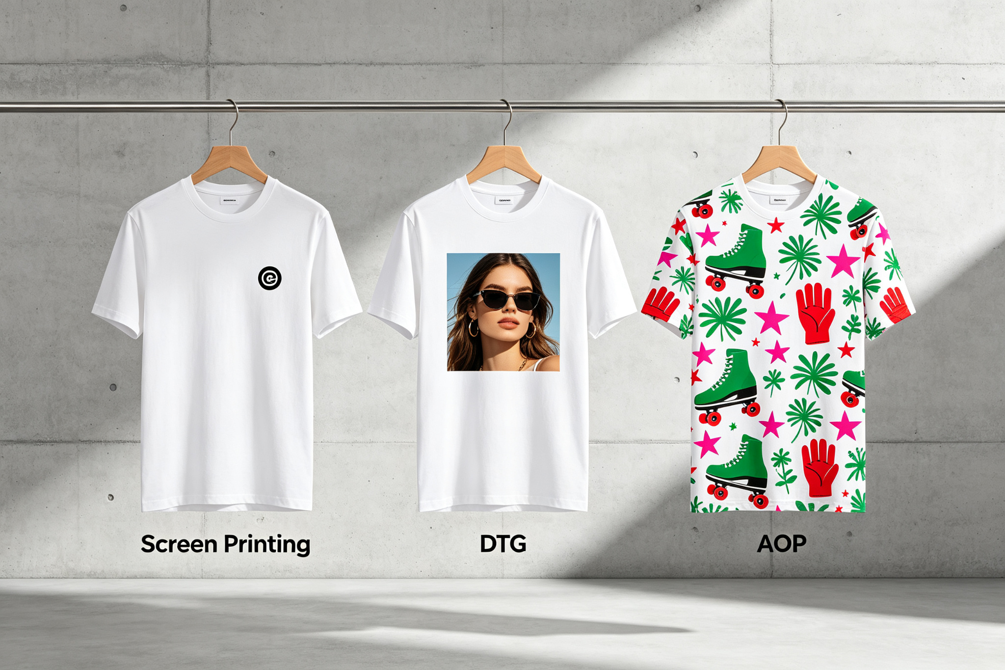 Comparison of screen printing vs DTG vs all-over print on t-shirts