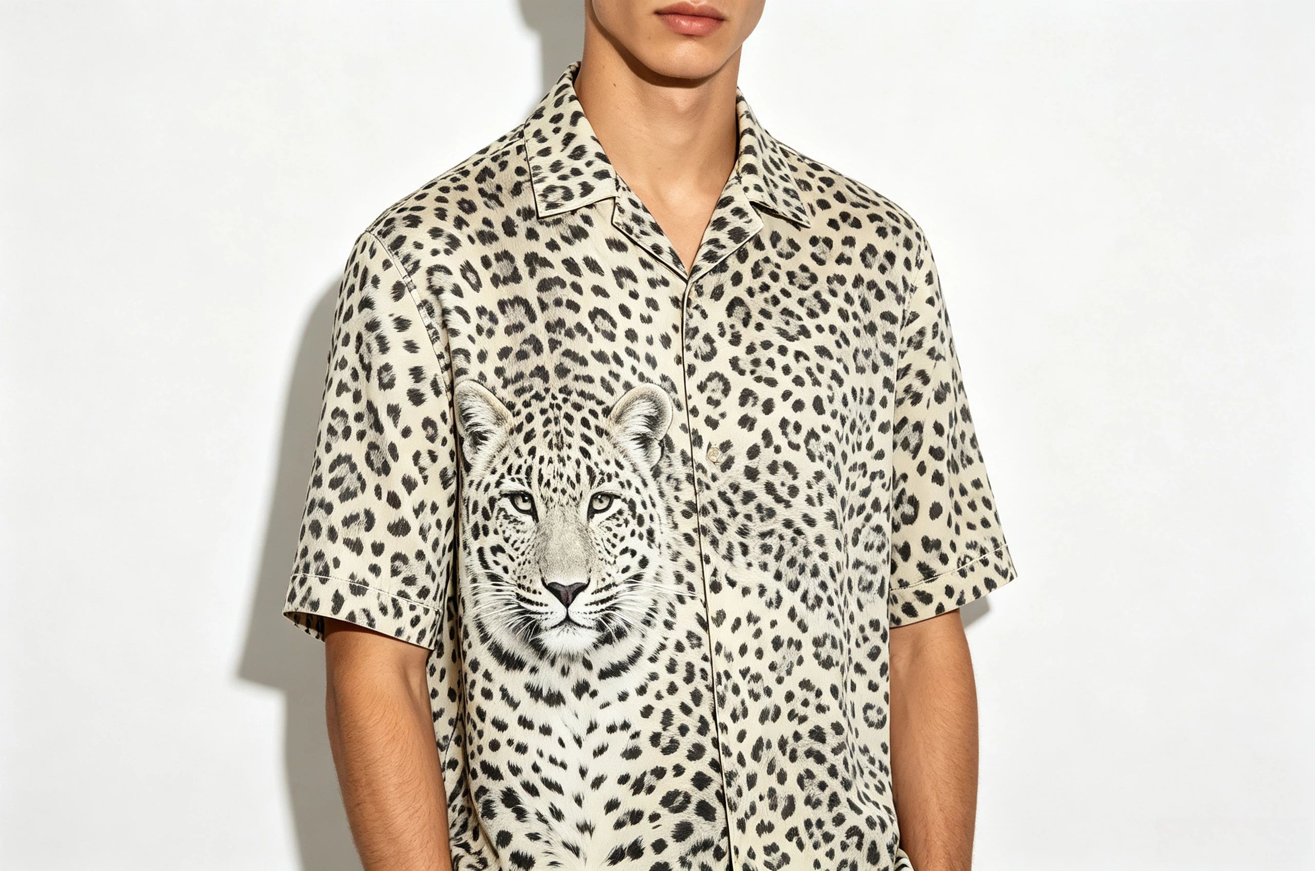 Snow leopard all over print shirt model wearing AOP fashion fall 2026