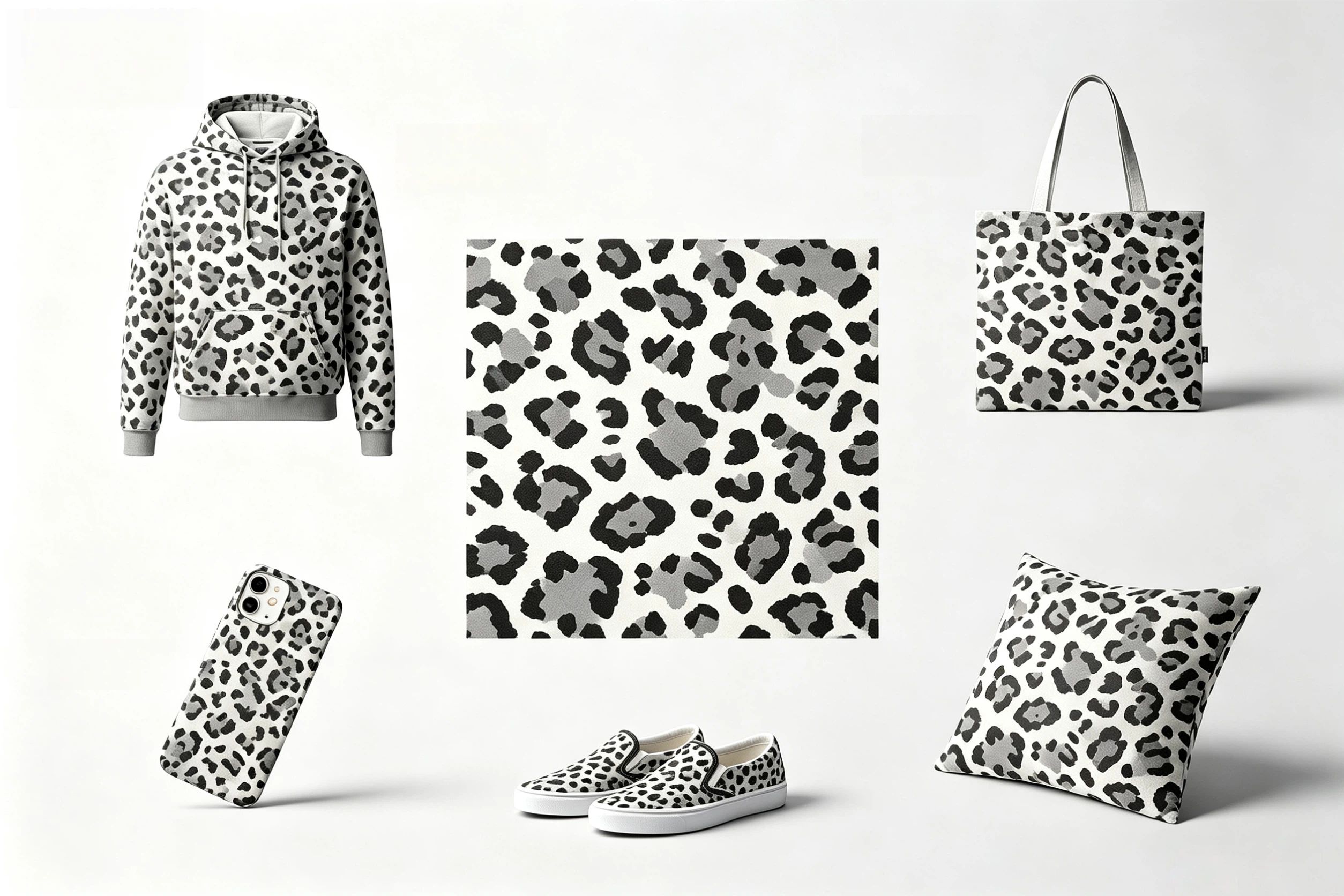 Snow leopard print pattern applied to multiple print on demand products including hoodie tote bag phone case and shoes