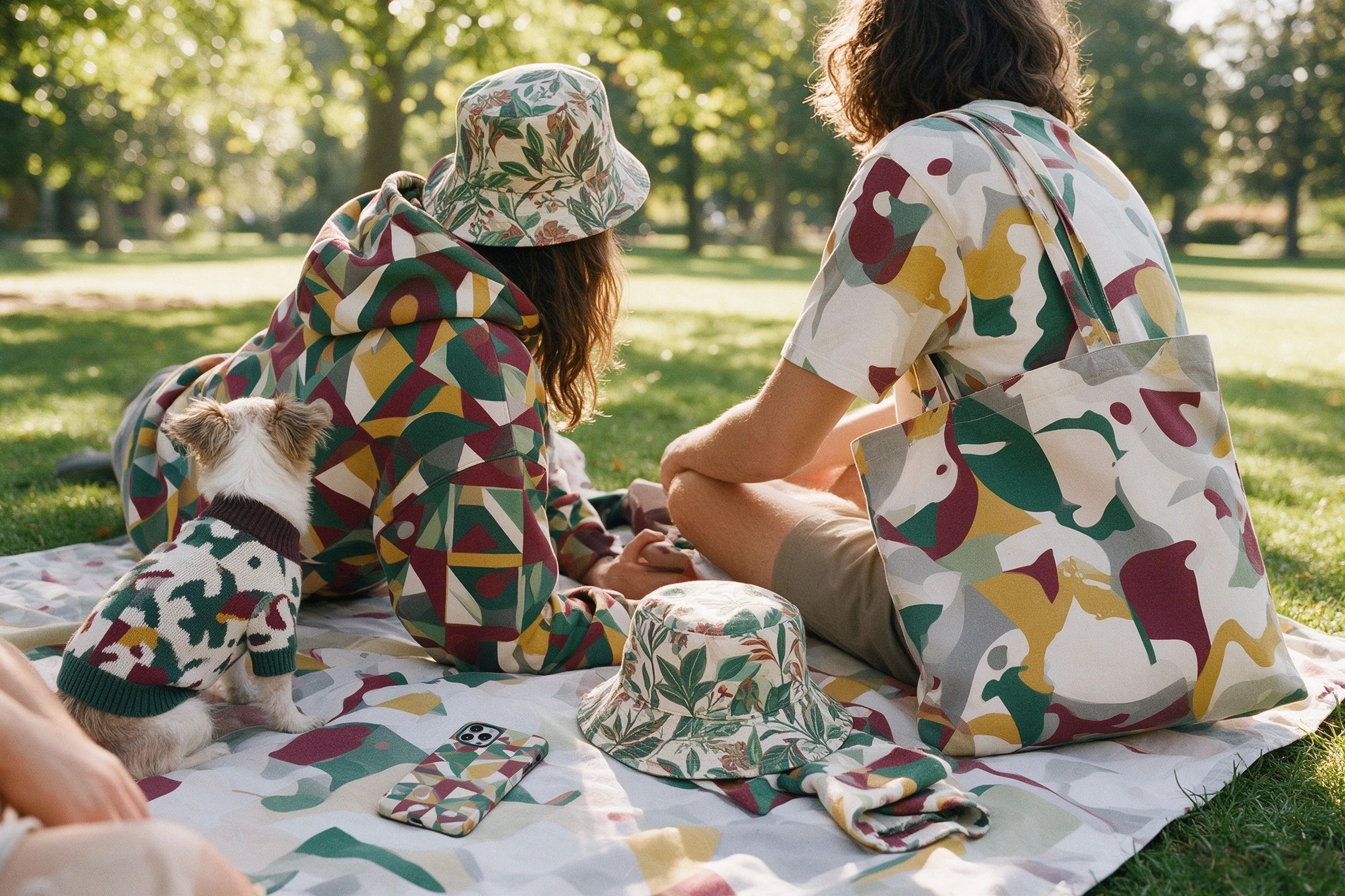 All over print on demand apparel in a park picnic scene - custom AOP hoodie, t-shirt, tote bag, bucket hat, and pet sweater