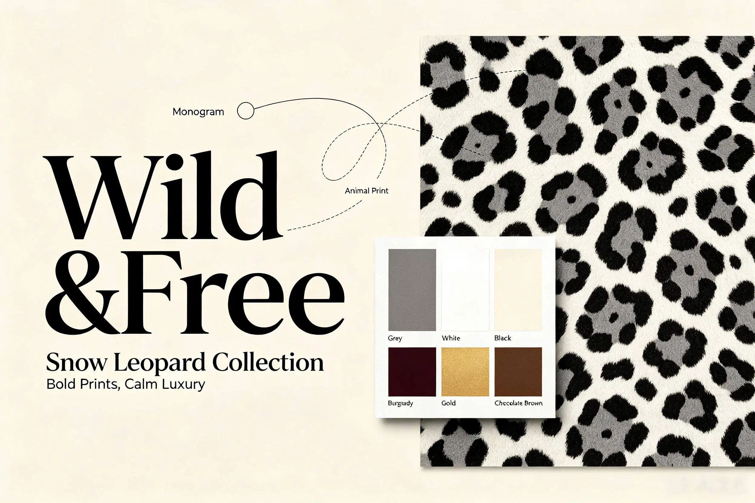 Snow leopard print on demand mood board showing animal print pattern, monogram placement, and autumn color palette swatches including grey, white, black, burgundy, gold, and chocolate brown