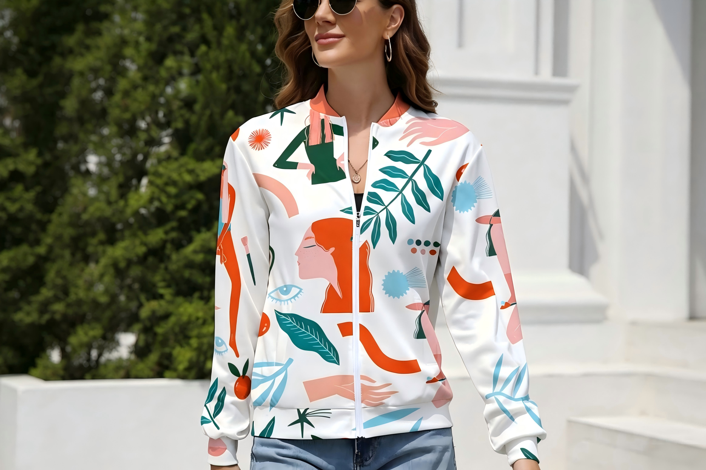 Woman in all-over print dress with continuous pattern from collar to hem