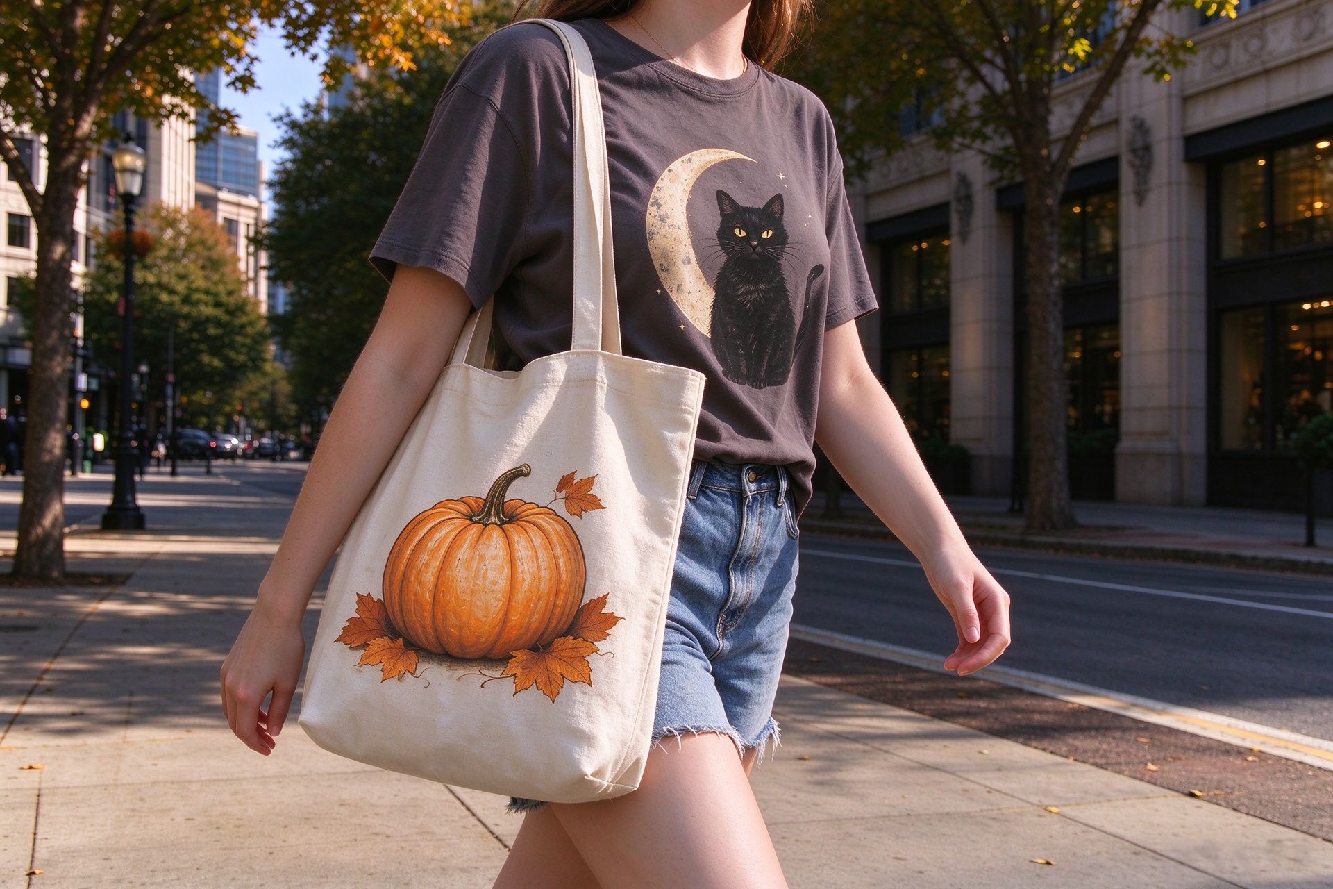 Retro Halloween shirts that sell beyond October 31 - vintage black cat design in fall setting