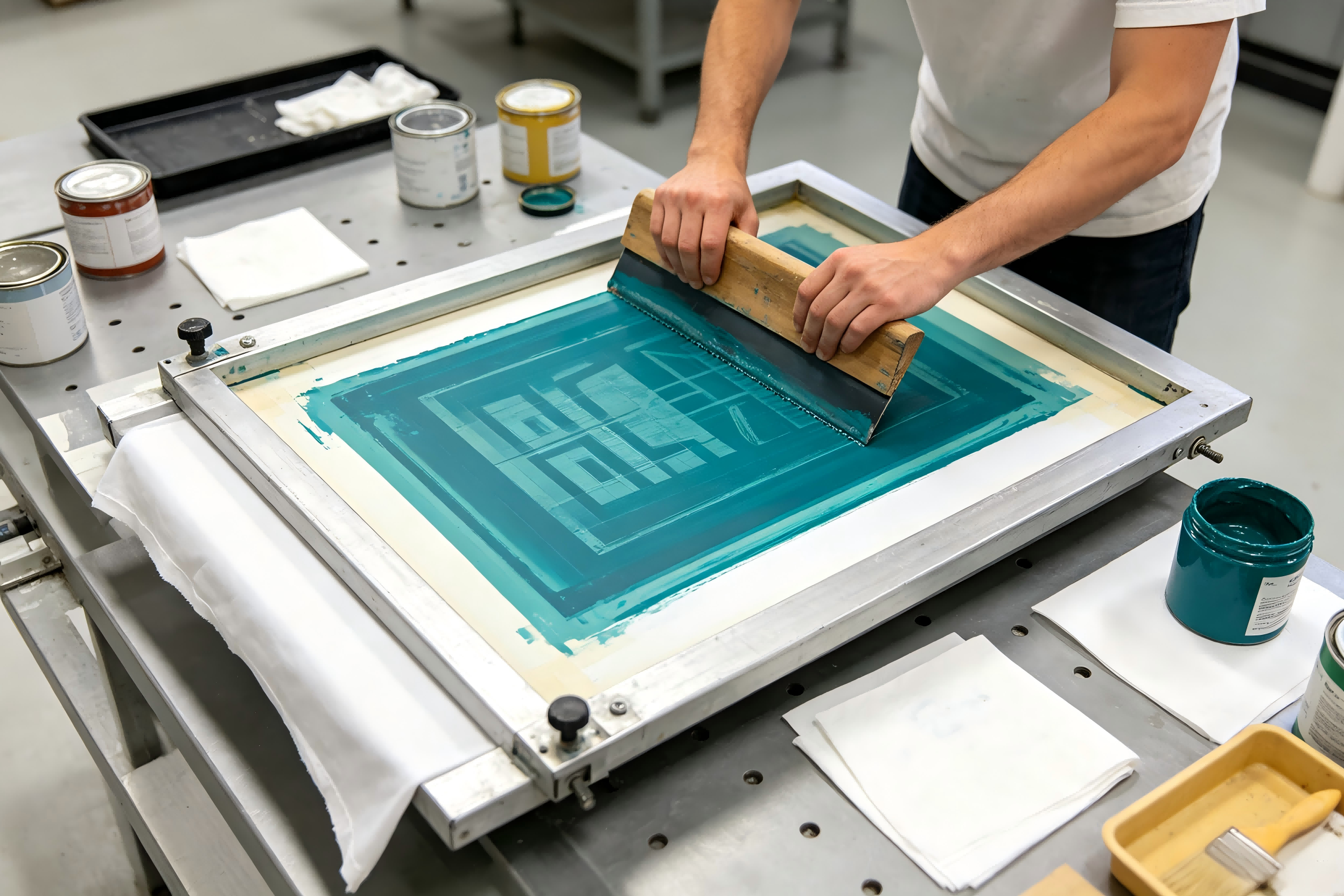 Screen printing process pushing ink through mesh onto fabric