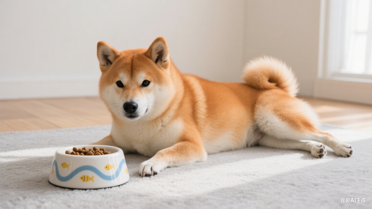 A Shiba Inu lies next to a dog bowl.