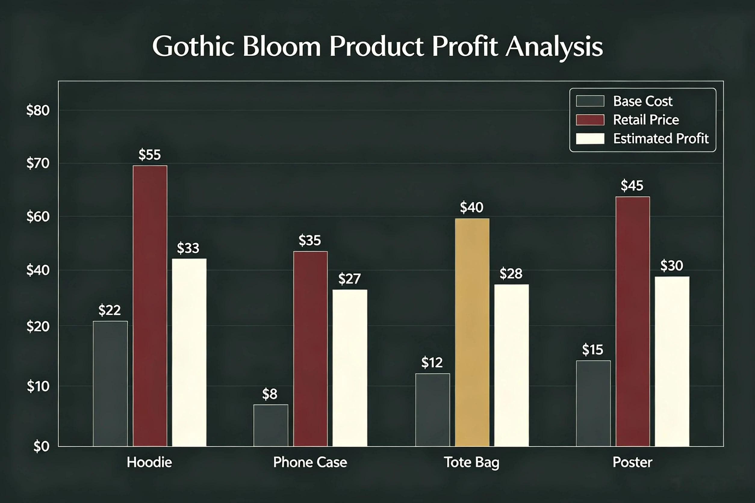Cost and profit comparison chart for gothic floral POD products showing retail price and margin