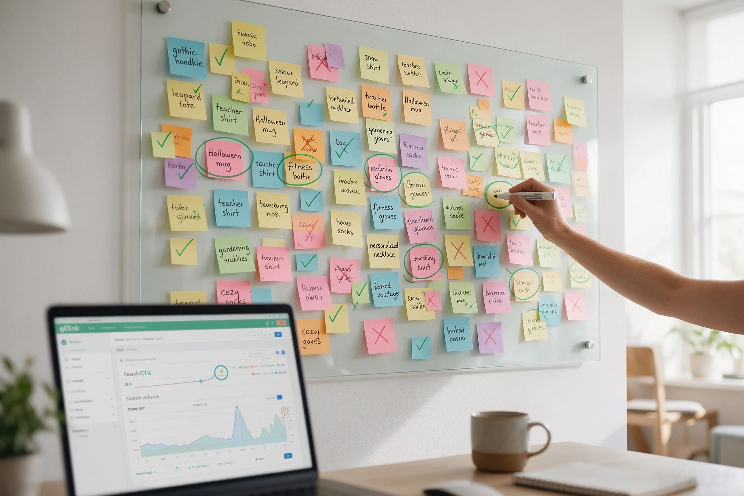 Etsy seller filtering keyword ideas on a glass whiteboard with green checkmarks and red crosses