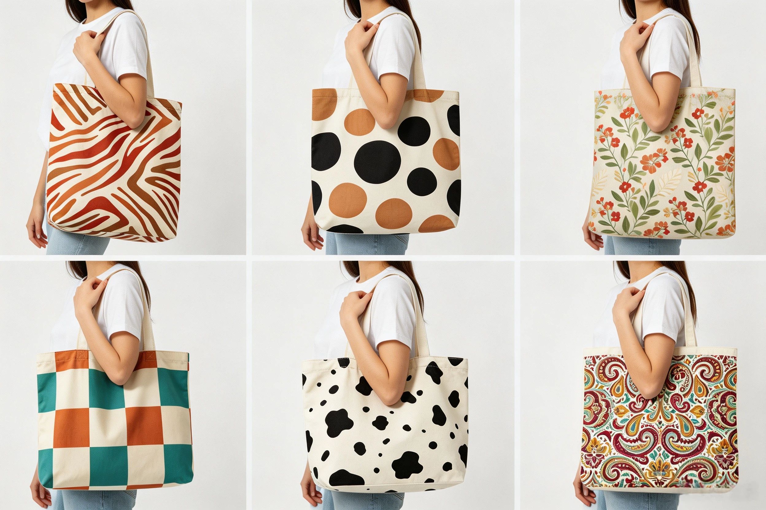 AOP tote bag collection six patterns abstract zebra plaid polka dot paisley dalmatian botanical